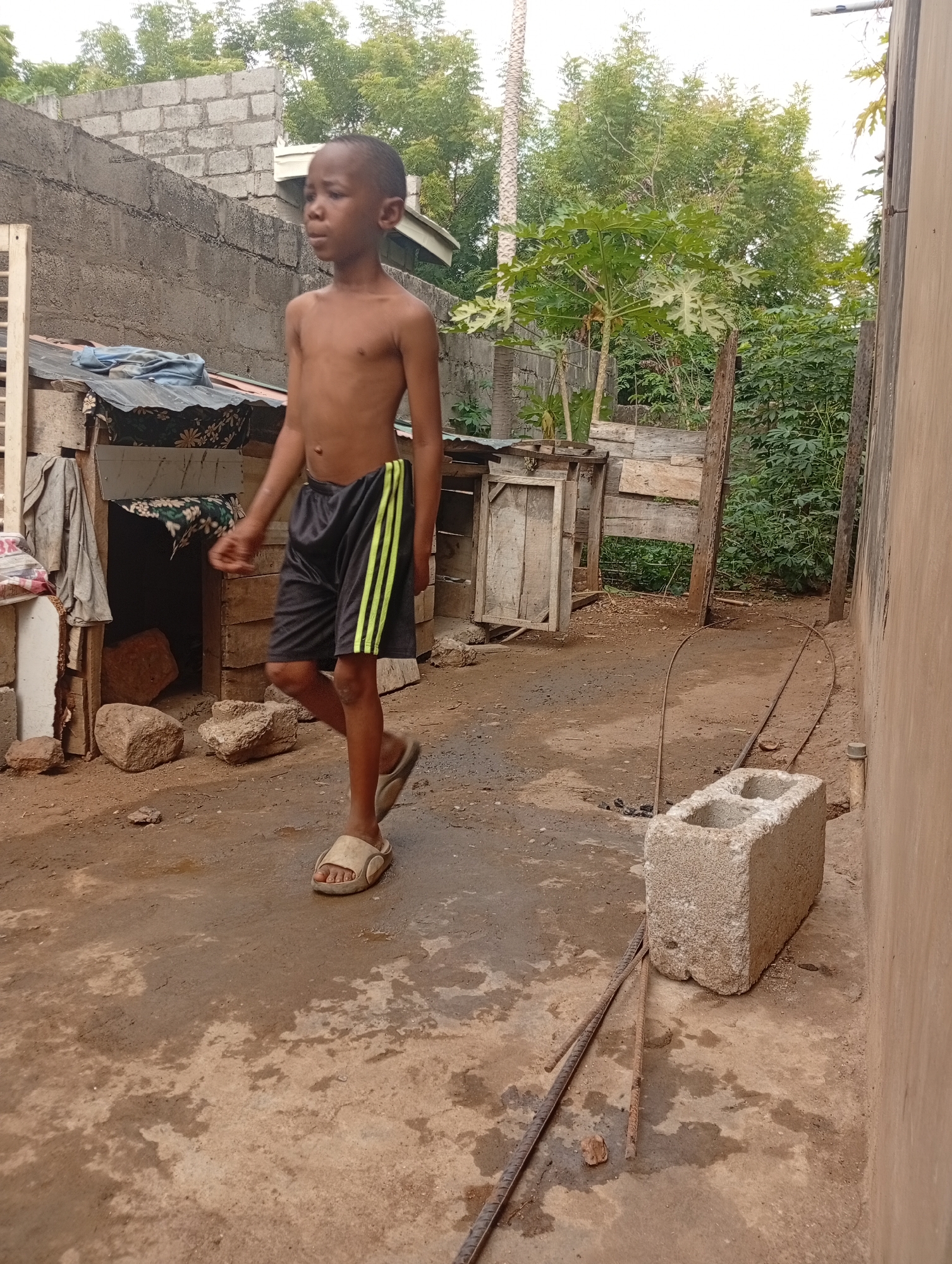 A young boy, appearing to be between 5 and 10 years old, walks through an outdoor, unpaved area in what seems to be a residential compound in Adankolo, Nigeria. He is shirtless, wearing dark athletic shorts with three vertical neon-green stripes on the sides, and light-colored slide sandals. His gaze is directed slightly forward and to his right as he moves from the left to the right side of the frame.
The ground is uneven dirt, showing patches of moisture and dry earth, with several rocks scattered. In the foreground, to the right, a gray concrete block with two hollow sections rests beside a partially visible wall. Several rusty metal rebar rods lie on the ground near the block.
The background features rudimentary structures, possibly sheds or small dwellings, constructed from rough wooden planks, some covered with corrugated metal or patterned fabric. A pile of blue fabric is visible on one of these structures. A section of a concrete block wall is seen on the far left, extending towards the upper background. Behind these structures, lush green vegetation, including trees and dense bushes, thrives under a bright, diffused sky, suggesting daytime hours with soft lighting. A young papaya tree is also visible amongst the greenery. The overall setting indicates a low-income, possibly rural or semi-urban environment. There is no visible text in the image.