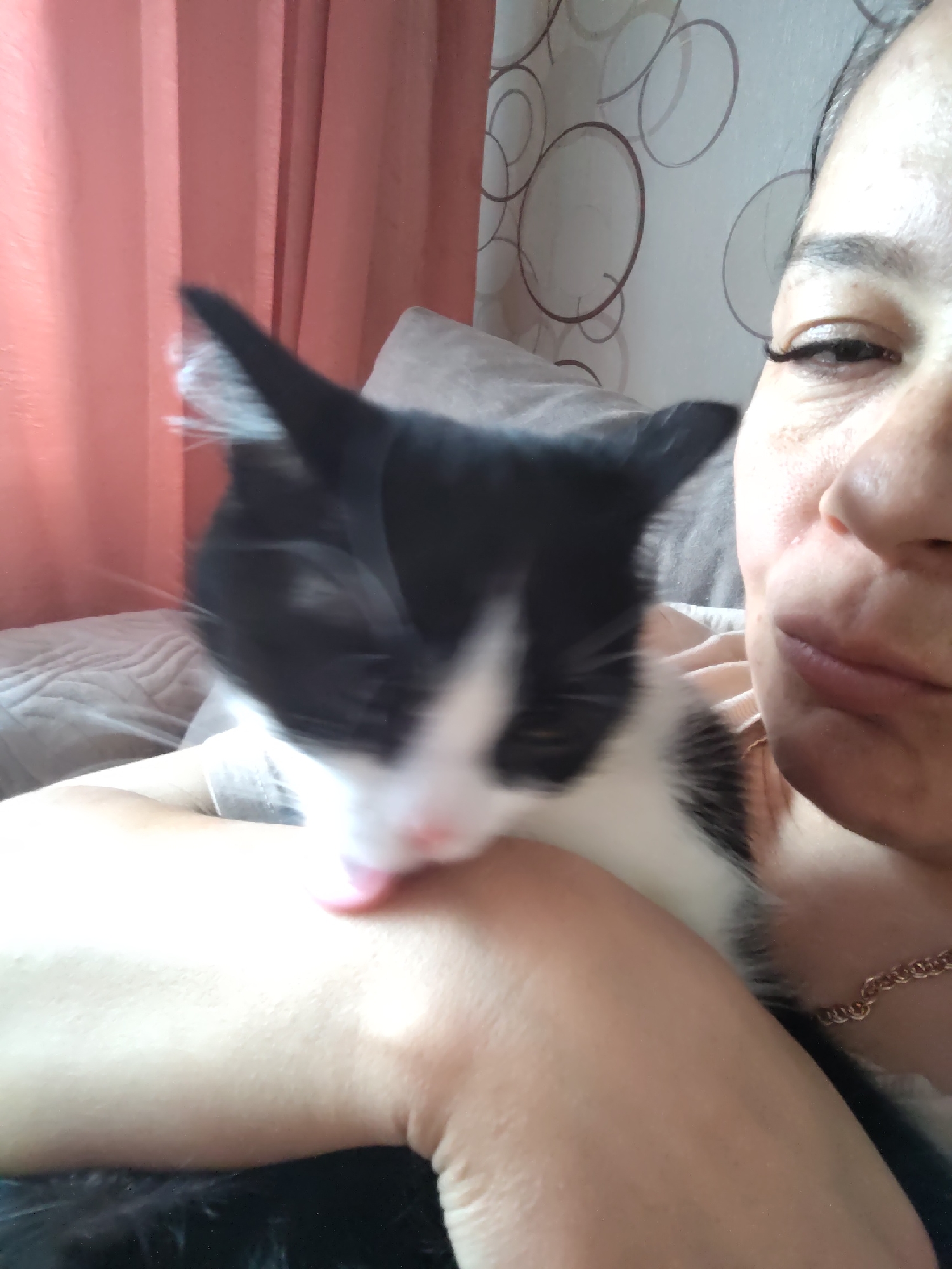 A woman is holding a black and white kitten. The kitten is licking the woman's arm. The background includes a peach-colored curtain and a patterned wallpaper. The location is Unknown, Unknown.
