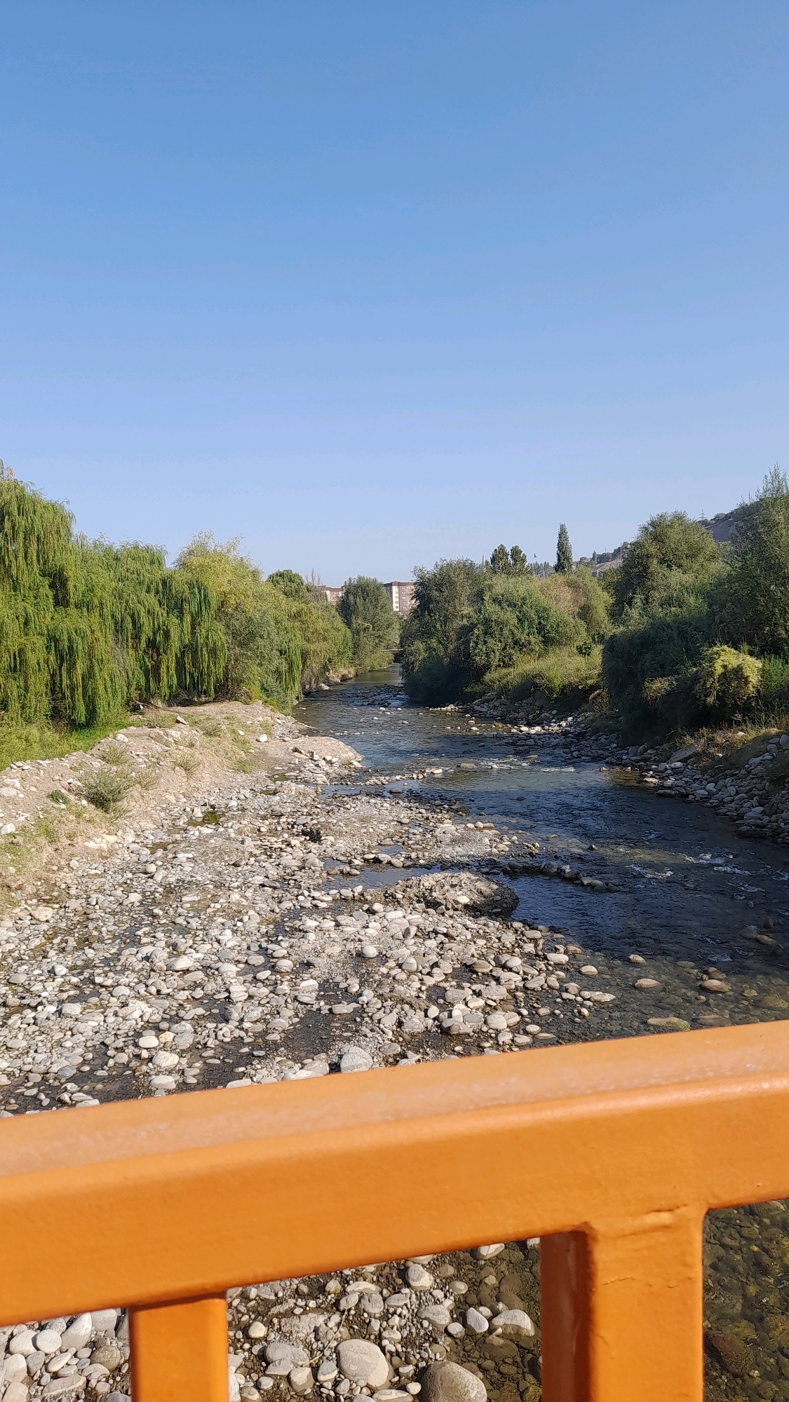 The image shows a view of the Aksy River flowing through Osh City, Kyrgyzstan. In the foreground, an orange railing of a bridge is visible. The riverbed is covered with numerous smooth, grey and white stones of various sizes, with shallow water flowing over them. The river banks are lined with lush green trees, including weeping willows on the left side. In the background, there are buildings, possibly apartment blocks, and further hills are visible under a clear blue sky. The overall scene depicts a natural landscape integrated within an urban environment.