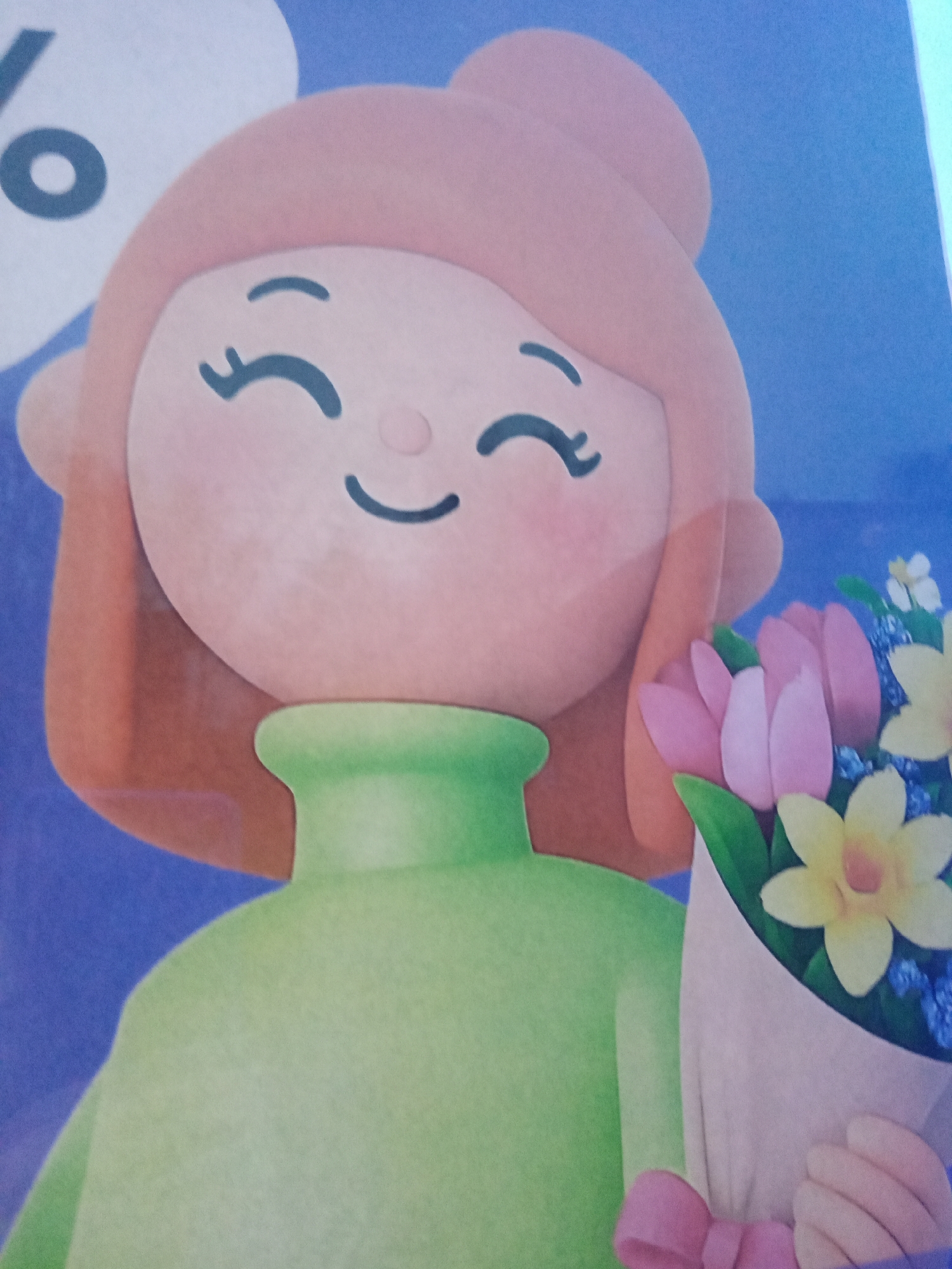 The image depicts a cartoon illustration of a smiling woman with reddish-brown hair. She is wearing a green turtleneck sweater and holding a bouquet of flowers including pink tulips and yellow daffodils wrapped in white paper with a pink ribbon. The background is a soft blue. The location in Elektrostal, Russia is not evident from the visual content of the image.