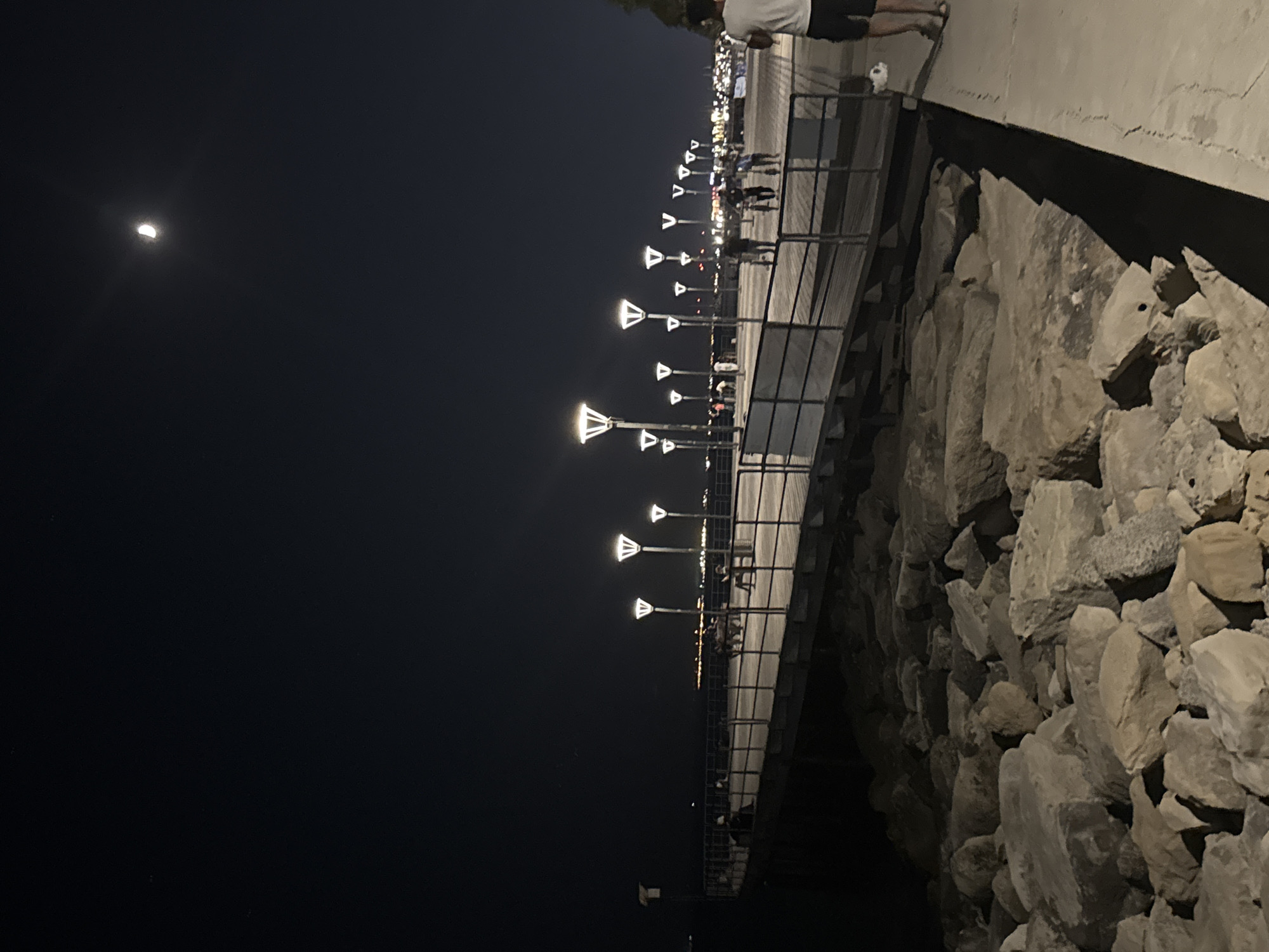The image shows a nighttime view of the Limassol promenade in Cyprus, featuring a pier extending over the water. The sky is dark, with a crescent moon visible. The promenade is illuminated by a series of modern streetlights with angular shades, casting a glow on the paved walkway and the railing of the pier.
Several people are present on the pier and the promenade. On the pier, individuals are seen walking, sitting on benches, and socializing. Some are silhouetted against the lights. Further down the pier, a group of people appear to be gathered, and distant lights suggest a cityscape or a harbor in the background.
The foreground of the image is dominated by a rocky shoreline, with large, light-colored boulders piled along the edge of the paved walkway. A single person, wearing a white t-shirt and dark shorts, is walking away from the camera on the promenade, casting a long shadow. A white dog is visible near the person's feet. The water is dark and calm, reflecting some of the distant lights. The overall atmosphere is tranquil and inviting, characteristic of a popular evening spot.