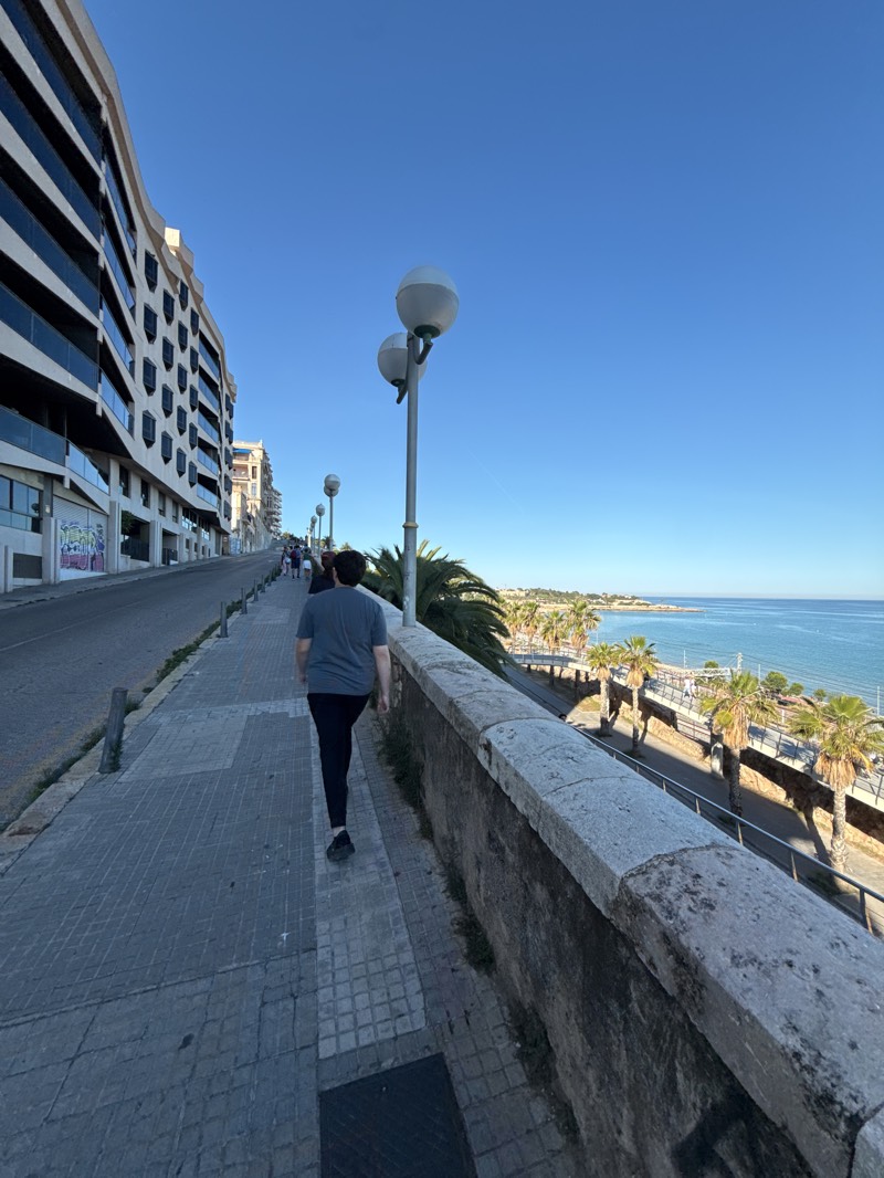 A pedestrian walks along a tiled sidewalk adjacent to a low stone wall overlooking a coastal road in Tarragona, Spain. The road is lined with palm trees and parallels a beach and the Mediterranean Sea. A multi-story building is on the opposite side of the sidewalk, situated on a street that slopes upward. Street lamps stand along the sidewalk. The sky is clear and blue.
