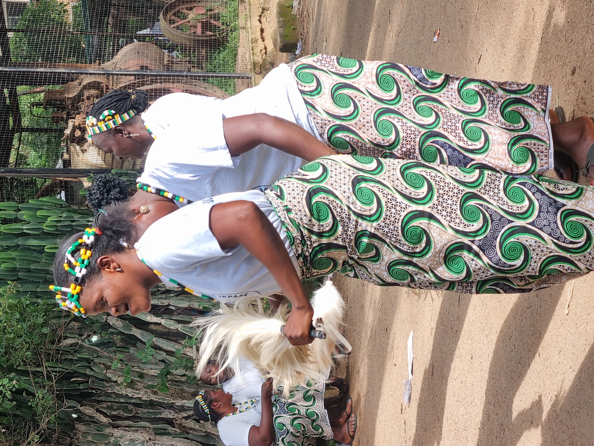The image captures a vibrant scene with women dressed in traditional attire, likely in the city of Jos, Nigeria. In the foreground, a woman in a white t-shirt and a patterned skirt with green, black, and beige swirls is holding a white feather fan. To her left, another woman, similarly dressed, is turned away from the camera, with her head adorned with a beaded headband. Behind them, two other women are seated, one wearing a beaded headband and a white t-shirt. The backdrop features a dense cluster of tall, green cactus-like plants. In the background, a wire mesh fence encloses what appears to be old machinery, possibly an abandoned industrial site or museum exhibit. The ground is a dusty, reddish-brown surface. The overall atmosphere suggests a cultural gathering or performance in an outdoor setting within Jos.