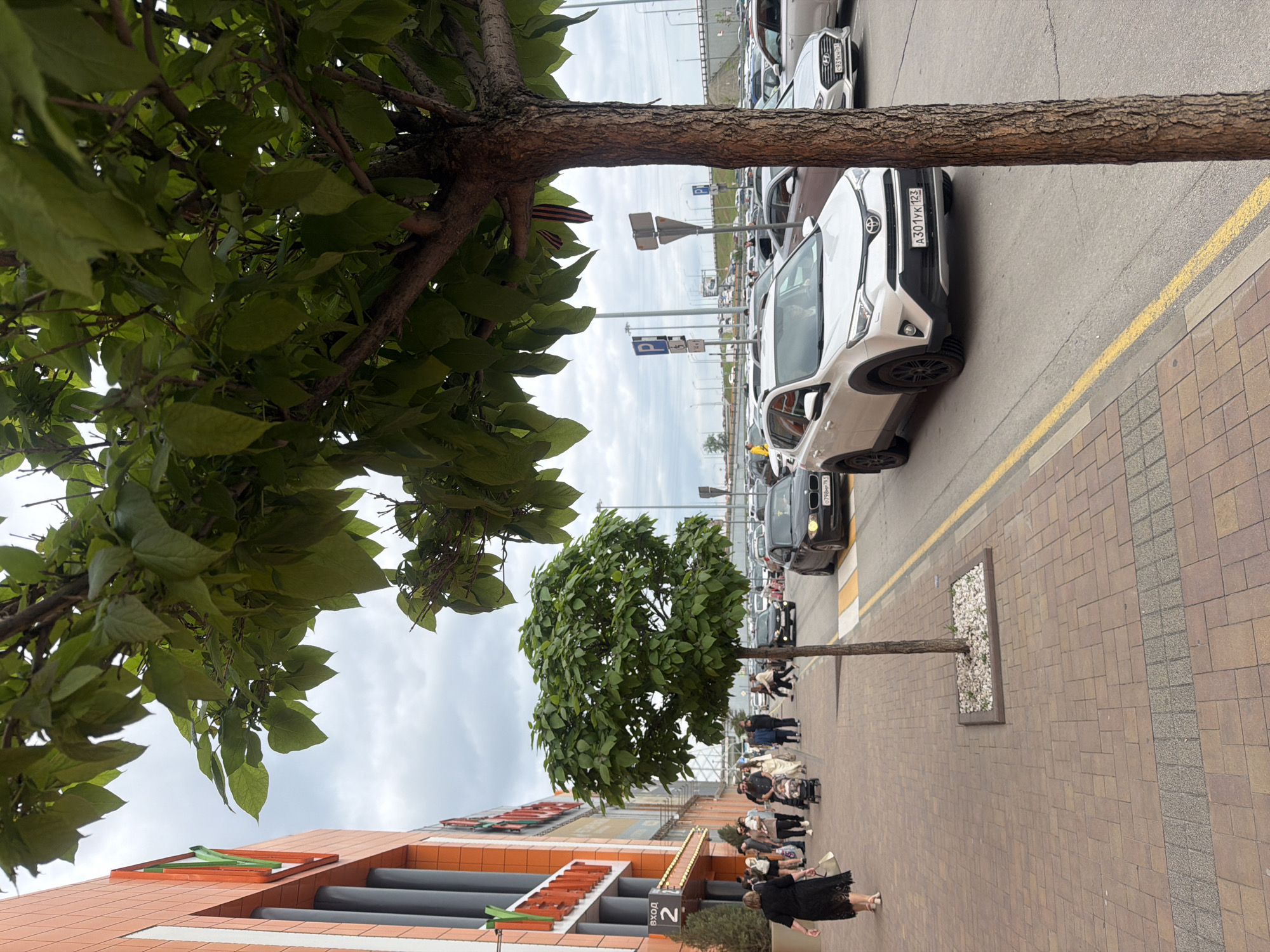 The image depicts a street scene in Rostov-on-Don, Russia, with a commercial building on the left and a parking area on the right. In the foreground are trees, partially obscuring the view. Pedestrians are walking along the sidewalk. A line of parked cars is visible in the background. A white Toyota RAV4 is parked on the right. A sign marked "ВХОД 2" (Entrance 2) is on the building. The sky is overcast.