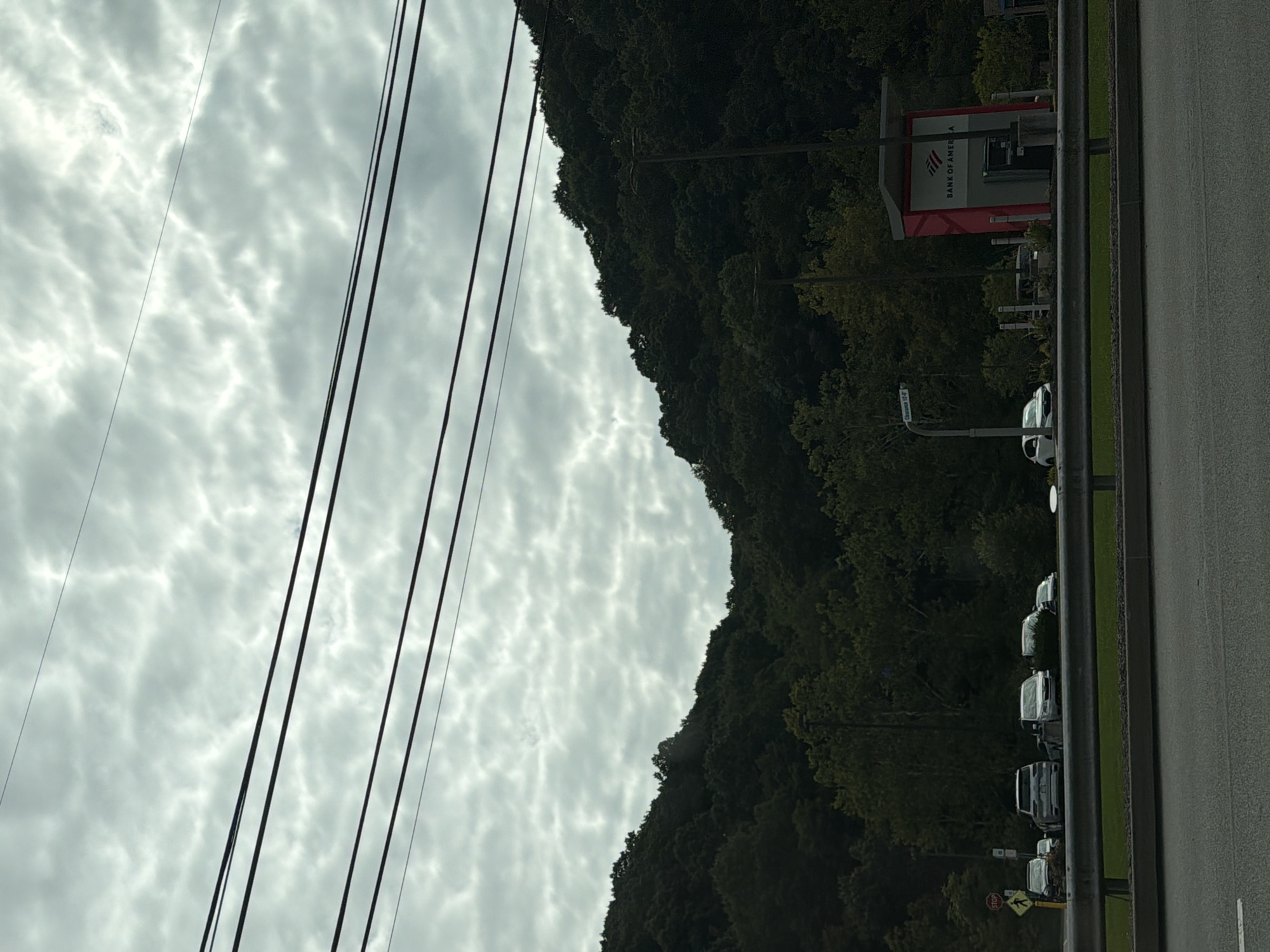 The image, captured in Shaler Township, United States of America, depicts a scene with a Bank of America ATM and surrounding elements. Overhead, multiple power lines crisscross against a cloudy sky. A dense forest covers a hillside, with the tops of trees reaching towards the sky. In the middle ground, a row of parked cars is visible, including a white SUV and a silver pickup truck. To the right, a Bank of America ATM is situated, encased in a red and gray structure. A traffic light and a "STOP" sign are also present. The foreground is dominated by a paved road and a metal guardrail.