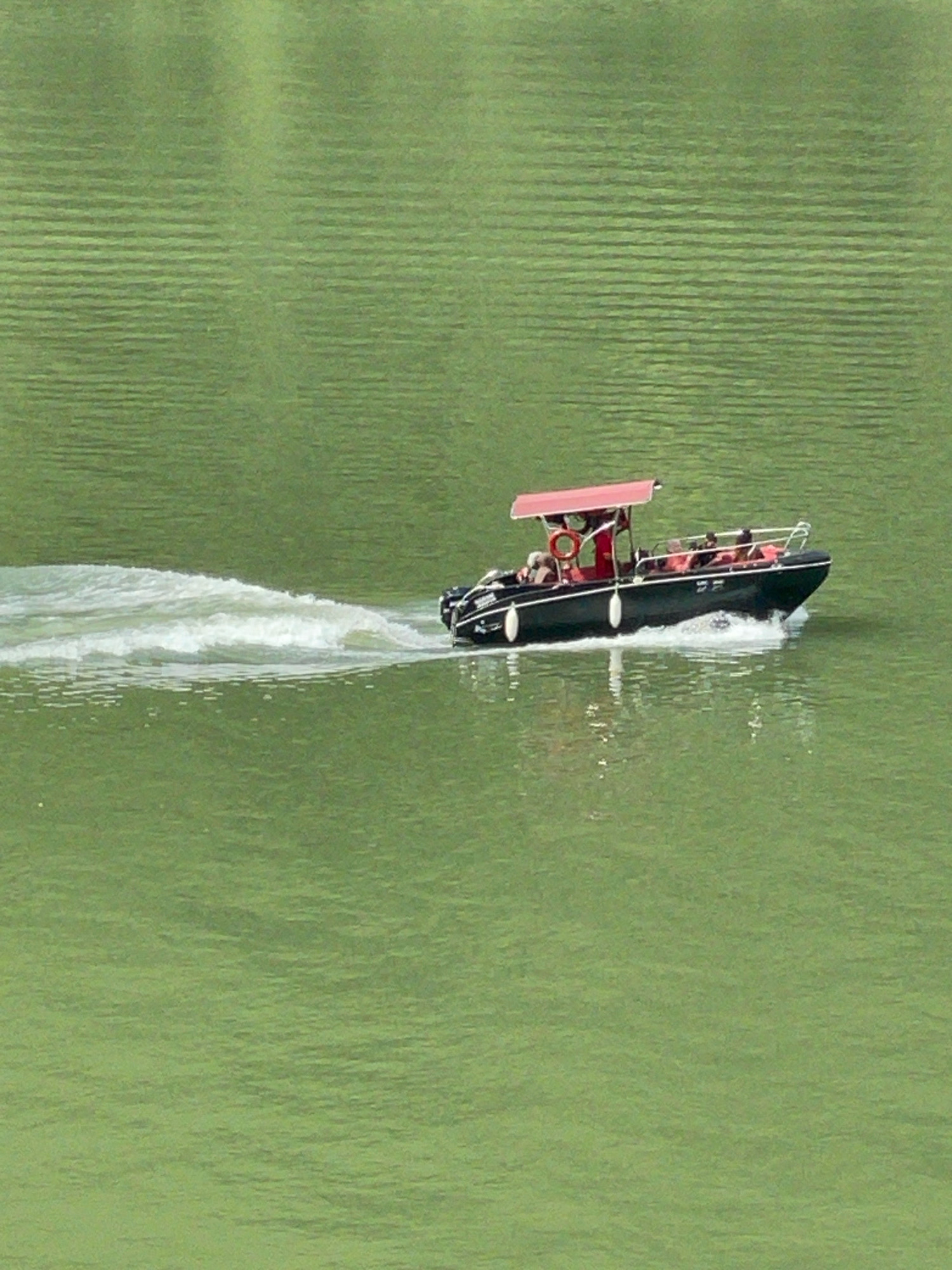 A black motorboat with a red canopy is moving across a green body of water, leaving a white wake behind it. Several people are seated inside the boat, and the boat appears to be a rescue or tour boat, with life preservers visible on the seats. The water has a rippled texture, indicating movement. The scene is likely located in or near Adjaristskali, Georgia, given the green, possibly river or lake, setting and the presence of a boat. The overall impression is one of a leisure activity or a functional use of the watercraft in a natural environment.