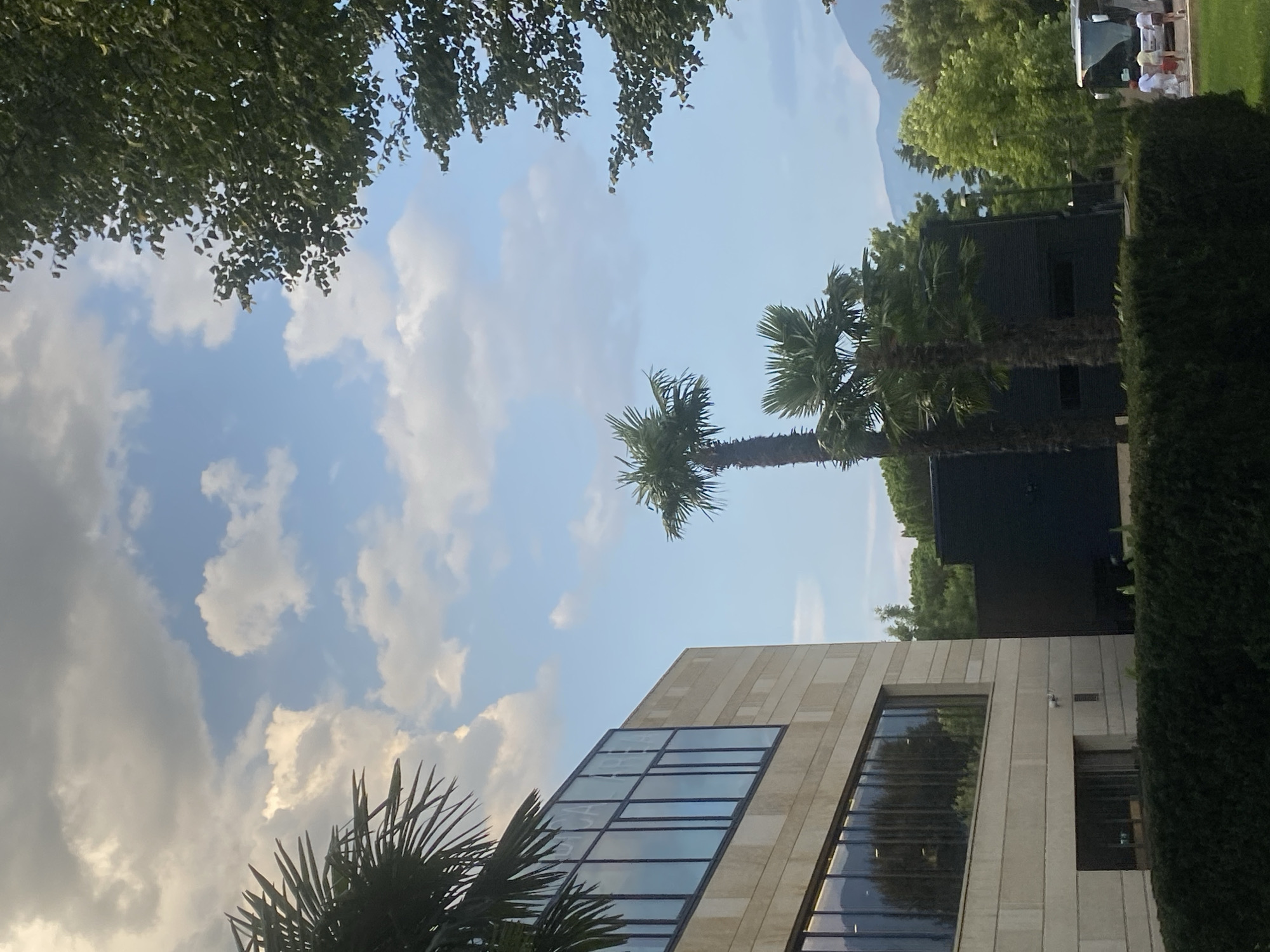 The image captures a segment of the Therme Meran complex in Meran - Merano, Italy, under a partly cloudy sky. On the left, a modern building with beige stone cladding and large, reflective windows dominates the foreground. The upper floor features a band of expansive windows reflecting the sky and surrounding greenery. Below, a smaller set of windows is visible. A meticulously trimmed hedge runs along the base of this building. To the right of this structure, a smaller, dark-colored building is partially visible. Two palm trees stand between these buildings, with their fronds reaching towards the sky. In the background, dense green trees and a mountain range are discernible. Further to the right, a white bus is parked, and three individuals, two in white shirts and one in a yellow shirt and shorts, are walking towards it on a paved area. The scene suggests a contemporary architectural design integrated with natural elements in a Mediterranean or alpine setting.