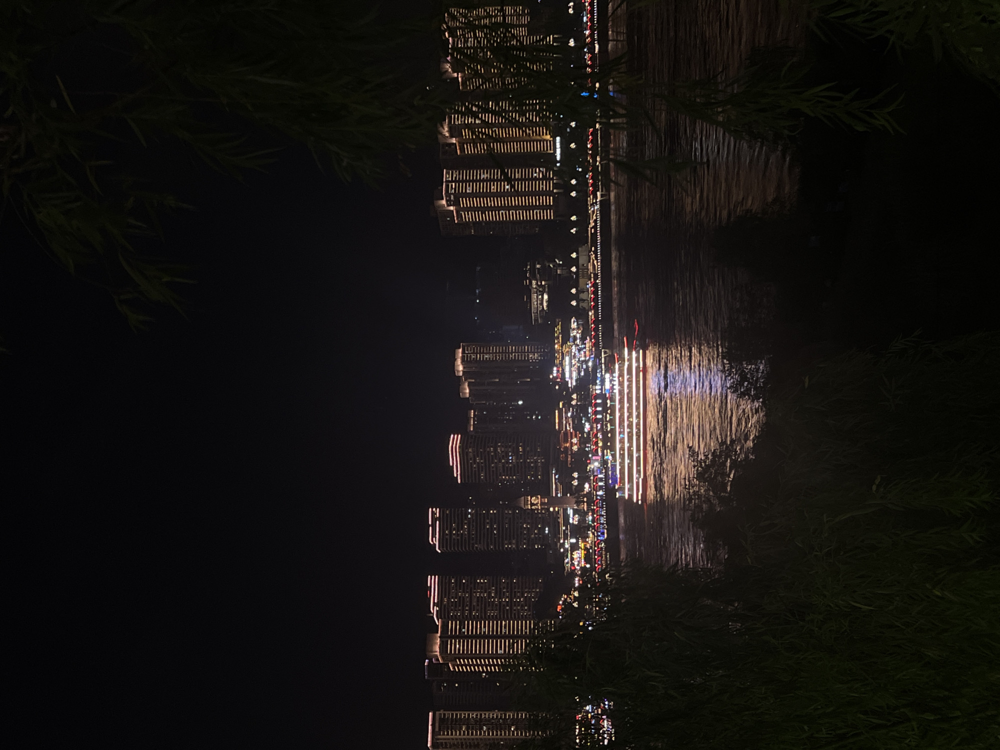At night, a panoramic view captures the illuminated cityscape of Jiangbei Cheng Street, China, with a wide river flowing in the foreground. Tall, modern buildings, adorned with strings of warm, golden lights, dominate the skyline. A multi-decked passenger boat, aglow with red and white lights, cruises along the river, its reflection shimmering on the water's surface. The riverbank is lined with more brightly lit buildings and structures, creating a vibrant and bustling atmosphere. Lush green foliage from trees in the foreground partially obscures the view, adding a natural element to the urban landscape. The overall scene is one of a lively and illuminated waterfront district at night.