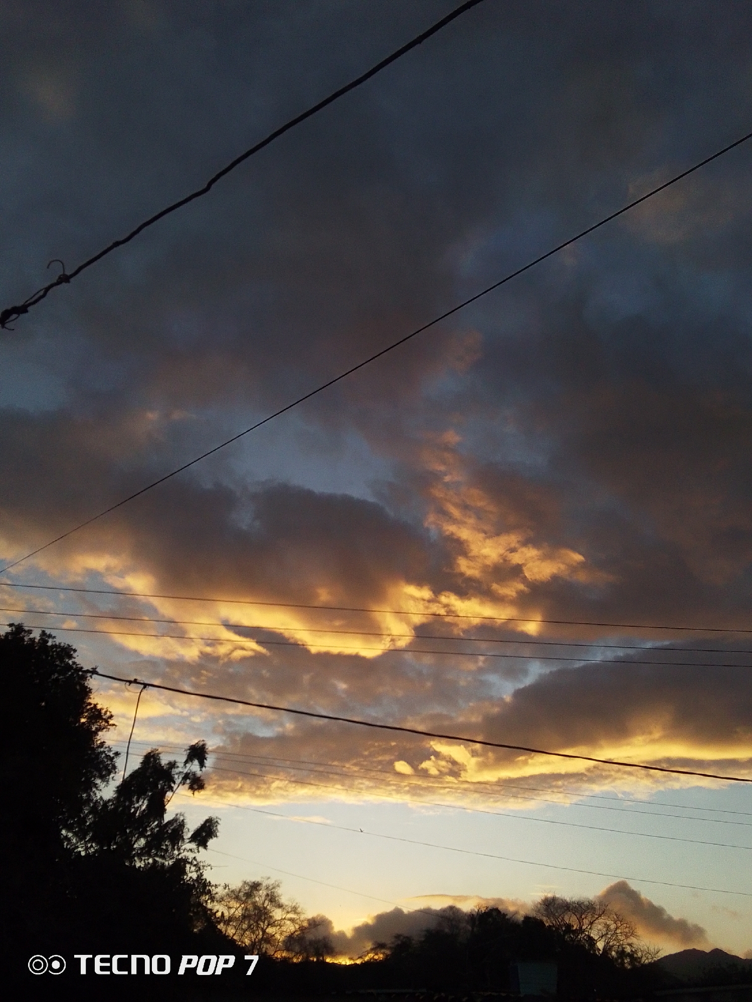 The image depicts a cloudy sky over Altagracia, Venezuela, with an orange sunset coloring the clouds. Silhouetted trees and buildings are visible in the foreground, with power lines running across the frame. The sky is partially obscured by dark, heavy clouds above the sunset. The TECNO POP 7 watermark is visible at the bottom left.