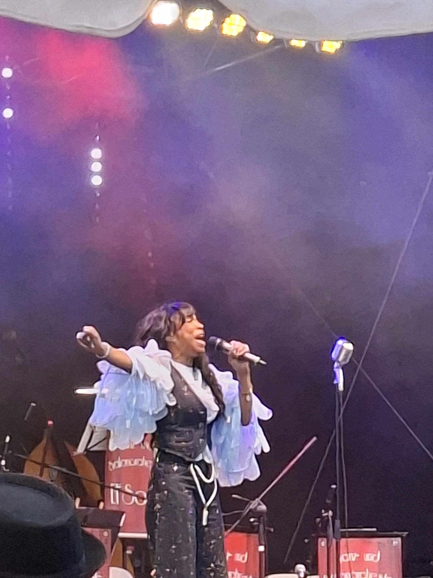 This is a photograph of a female performer singing into a microphone on a stage. She is wearing a black jumpsuit with white detailing and a white and light blue ruffled top. She has dark hair and is looking to her left. The stage is lit with pink and purple lights and there are several microphones and stage equipment visible. In the background, there is a large red banner with white text. The image appears to have been taken during a concert or festival. The scene is likely outdoors due to the presence of a cloudy sky and stage lighting. The text on the red banner appears to contain German words, suggesting the location might be in Germany.