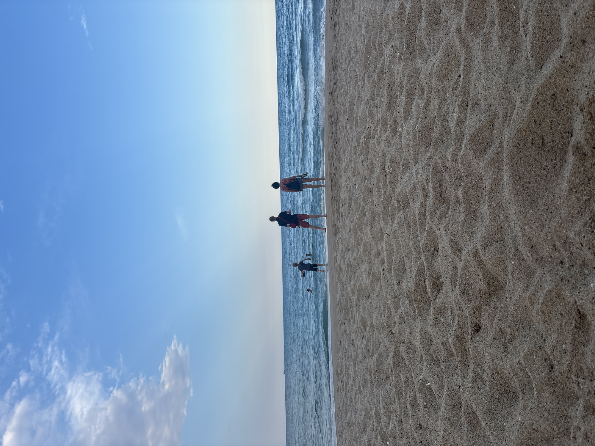 A low-angle, full shot captures a serene beach scene with two adults and three children on the sand and in the ocean under a clear blue sky. In the foreground, the sand is textured with ripples and small stones. The middle ground shows the gentle waves of the ocean lapping at the shore. In the distance, a faint ship is visible on the horizon.
Two adults stand on the sand, facing the ocean. The adult on the left, a male, wears red shorts and a black t-shirt. The adult on the right, a female, wears patterned shorts and a dark t-shirt, with a backpack slung over one shoulder.
Further into the water, three children are present. One child, a boy, stands waist-deep in the water, holding a dark object. Two other children are also in the water, appearing to be swimming or playing. The scene evokes a sense of peaceful leisure.