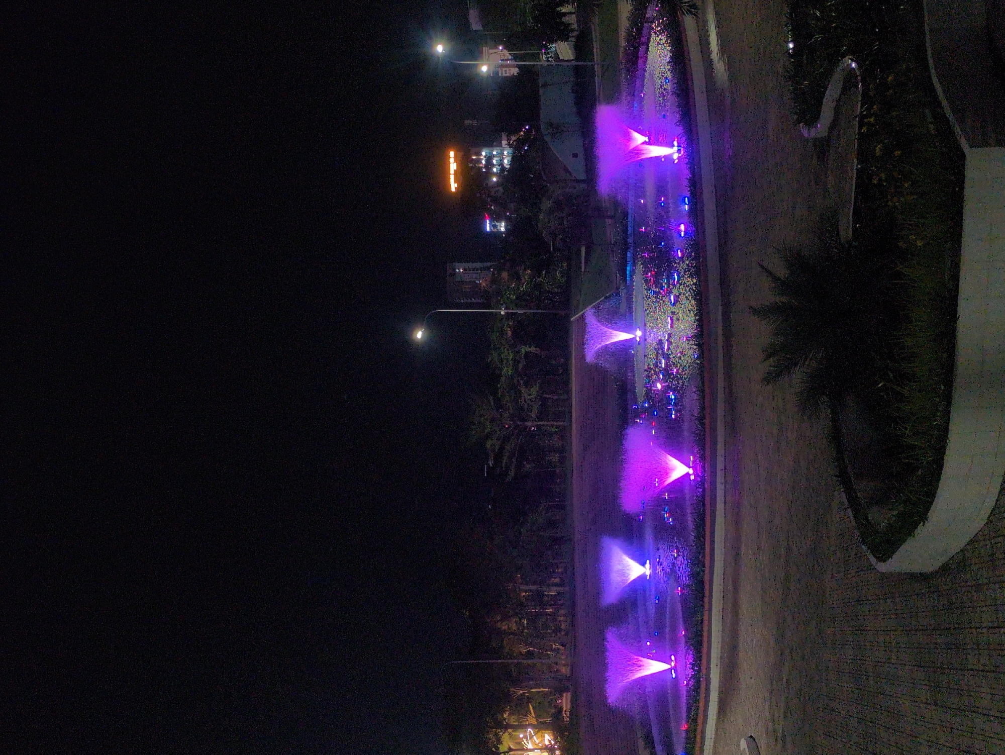 A night scene in Tuy Hòa, Vietnam, shows a row of illuminated water fountains along a pathway. The fountains project purple and blue lights. Streetlights and distant building lights are visible in the background. The immediate foreground features a paved walkway and a landscaped area with plants, including a palm tree. The sky is dark, suggesting a late evening or night.
