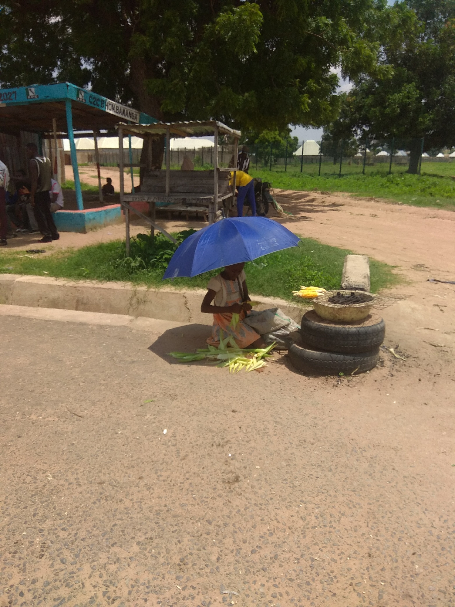 The image depicts an outdoor scene in Jalingo, Nigeria. In the foreground, a young person sits on the asphalt near a curb, holding a blue umbrella. They are peeling corn, with discarded husks scattered around them. A makeshift grill, constructed from old tires and a woven basket, is situated to the right, with two corn cobs on top. In the background, a blue bus stop shelter with the inscription "2027 C2CB HON BAMANGA" is visible. Several people are gathered near the shelter, and some appear to be waiting for transportation. The environment is characterized by dry ground, sparse green grass, and trees with dense foliage. The sky is partly cloudy.