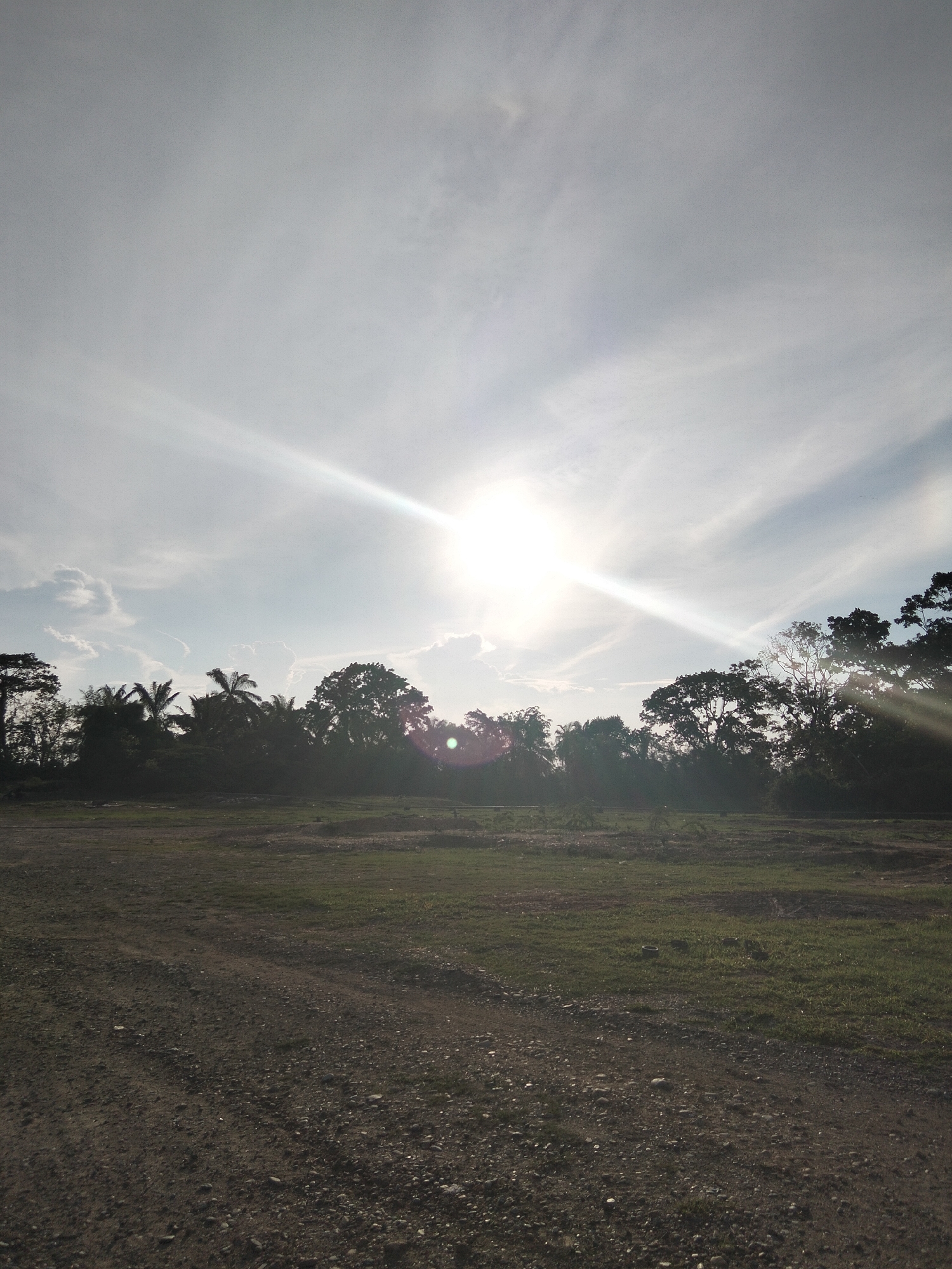 This photograph captures a sun-drenched outdoor scene in Sukaramai Dua, Indonesia. The foreground consists of a rough, dirt track interspersed with small stones and sparse patches of dry grass. Beyond the track, a field of green grass stretches towards a line of trees silhouetted against a bright sky. The sun is prominently positioned in the upper center of the image, its brilliant rays creating a strong lens flare that radiates across the frame. Wispy clouds are scattered across the sky, partially obscuring the sun. The trees in the background include palm trees and dense foliage, forming a dark band against the luminous sky. The overall impression is one of a rural landscape bathed in the intense light of midday or late afternoon.