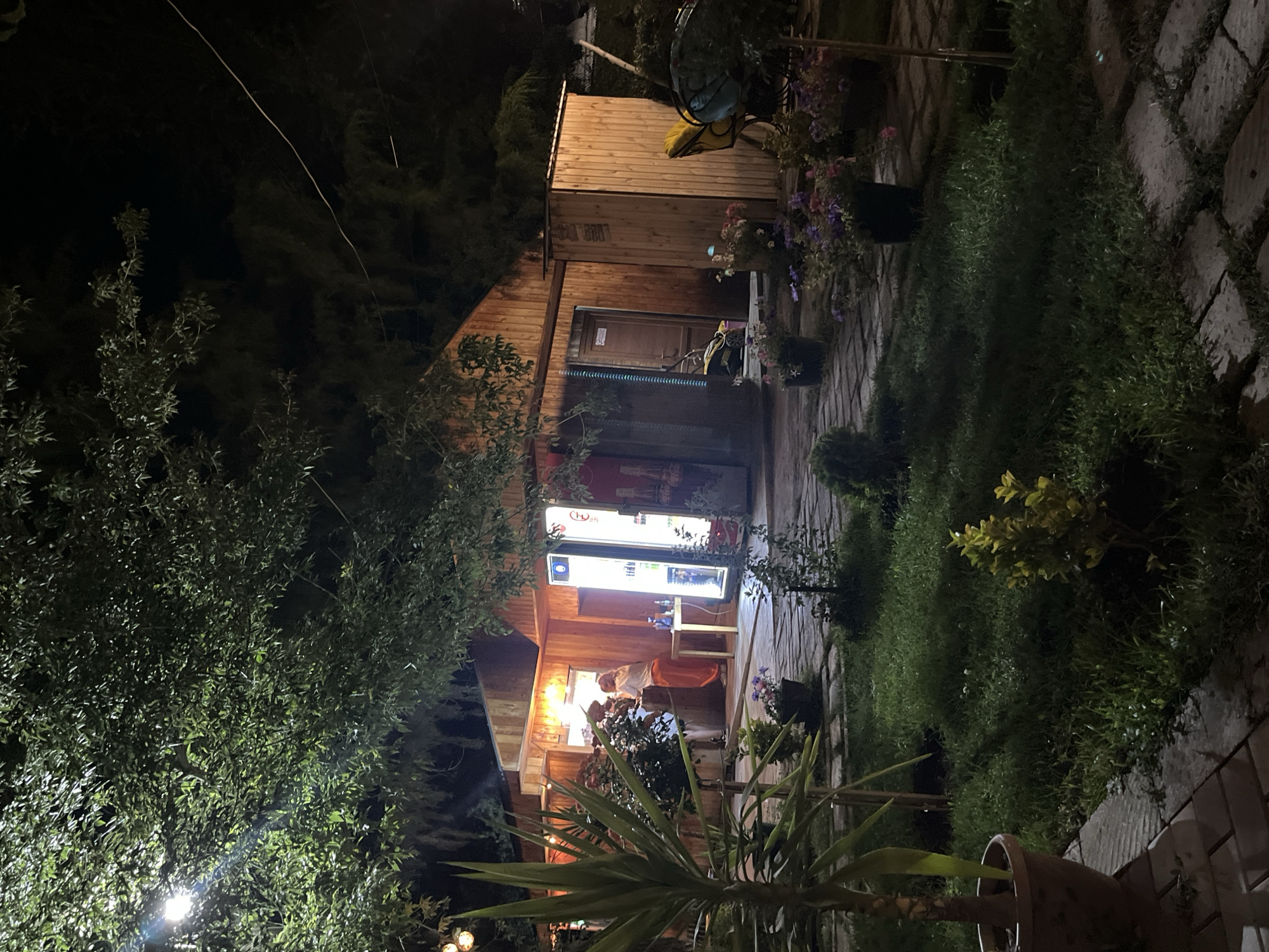 The image depicts a nighttime scene outside a wooden structure resembling a kiosk or small building in the city of Gladzor, Armenia. A person, likely a woman based on her attire, is standing behind a counter, interacting with what appears to be a menu or display. She is wearing an orange skirt or dress and a white top. Next to her, a table holds various items, possibly drinks or food. In front of the building, a brightly lit vending machine is visible. The area is illuminated by artificial lights, including string lights in the trees above and spotlights on the building. The ground is paved with stones and a grassy area is present. Several potted plants and flowers are arranged around the scene. The overall atmosphere is that of a casual outdoor establishment operating in the evening.