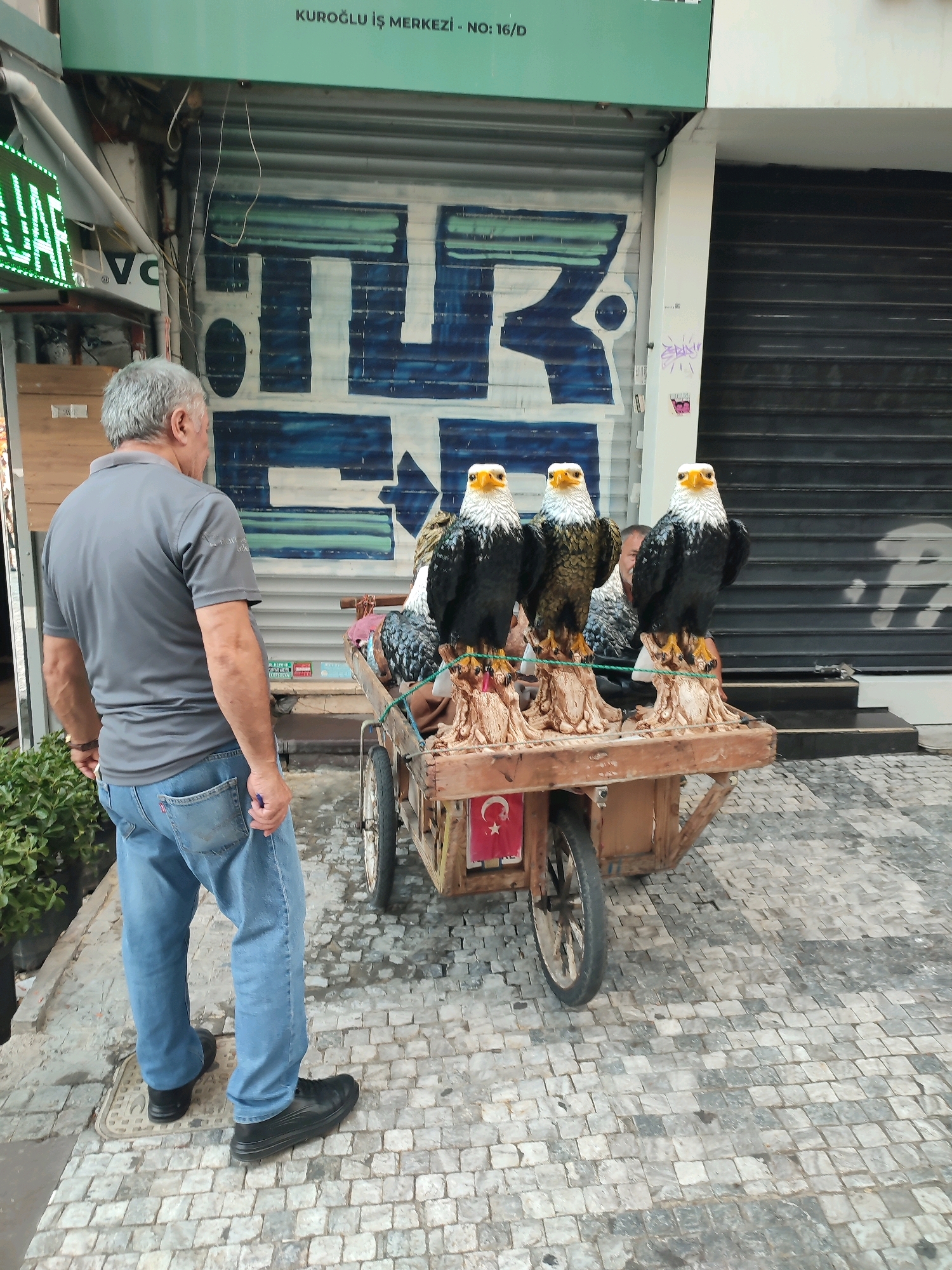A man with grey hair, wearing a grey polo shirt and blue jeans, stands facing away from the camera, looking at a wooden cart filled with four taxidermied eagle statues. The cart has a Turkish flag attached to the front. The scene takes place on a cobblestone street in Kadıköy, Turkey, in front of a closed storefront with a large blue and white mural on its metal roll-down shutter. A green awning with white text, possibly a business name or address, is visible above the shutter. The man's left hand is near his hip, and he appears to be holding something small and blue. The ground is paved with grey and white cobblestones, and a small green bush is to the left of the man.