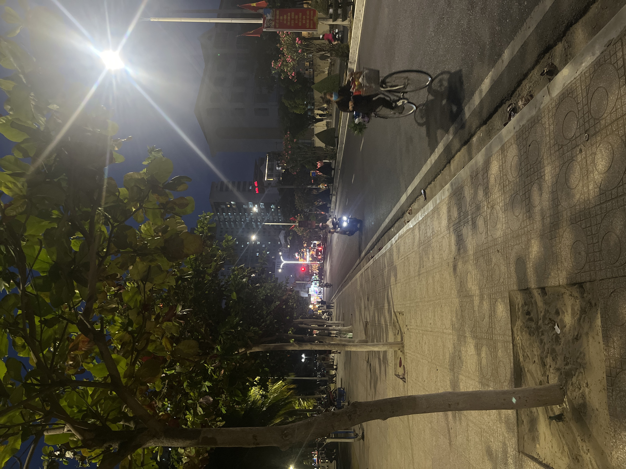 Captured at night in an urban environment, the image presents a street scene with a focus on the interplay of light and shadow. A brightly lit streetlamp dominates the upper left, casting a stark glow on the leaves of a large tree in the foreground. The street runs alongside a sidewalk paved with patterned concrete tiles. A person on a bicycle travels along the roadway, while a scooter with active headlights approaches in the distance. Buildings are visible beyond the trees, some with illuminated signage. Flags are raised along the street. The overall setting suggests a city with active nighttime traffic and a mix of residential and commercial elements.