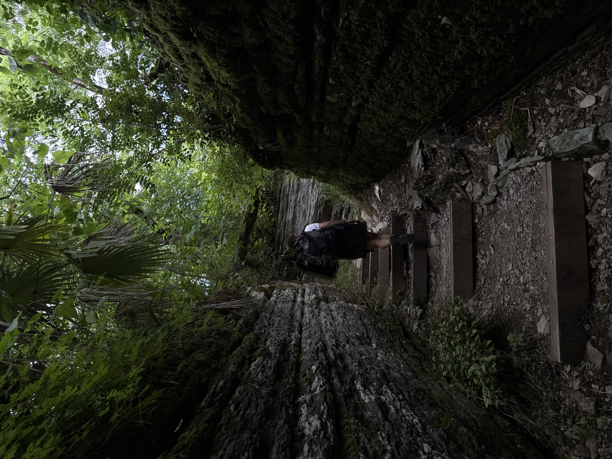 The image captures a person walking up a wooden staircase along a narrow, moss-covered path in a dense, lush forest. The path is flanked by large rocks and overhanging trees, with sunlight dappling through the canopy. The person, seen from behind, is wearing a backpack and appears to be hiking. The scene suggests a secluded and natural environment, possibly a park or a hiking trail in a remote area. The lighting and shadows indicate it could be daytime, perhaps mid-morning or afternoon, with overcast conditions that soften the light. The overall mood is one of adventure and exploration amidst nature. There is no visible text in the image.