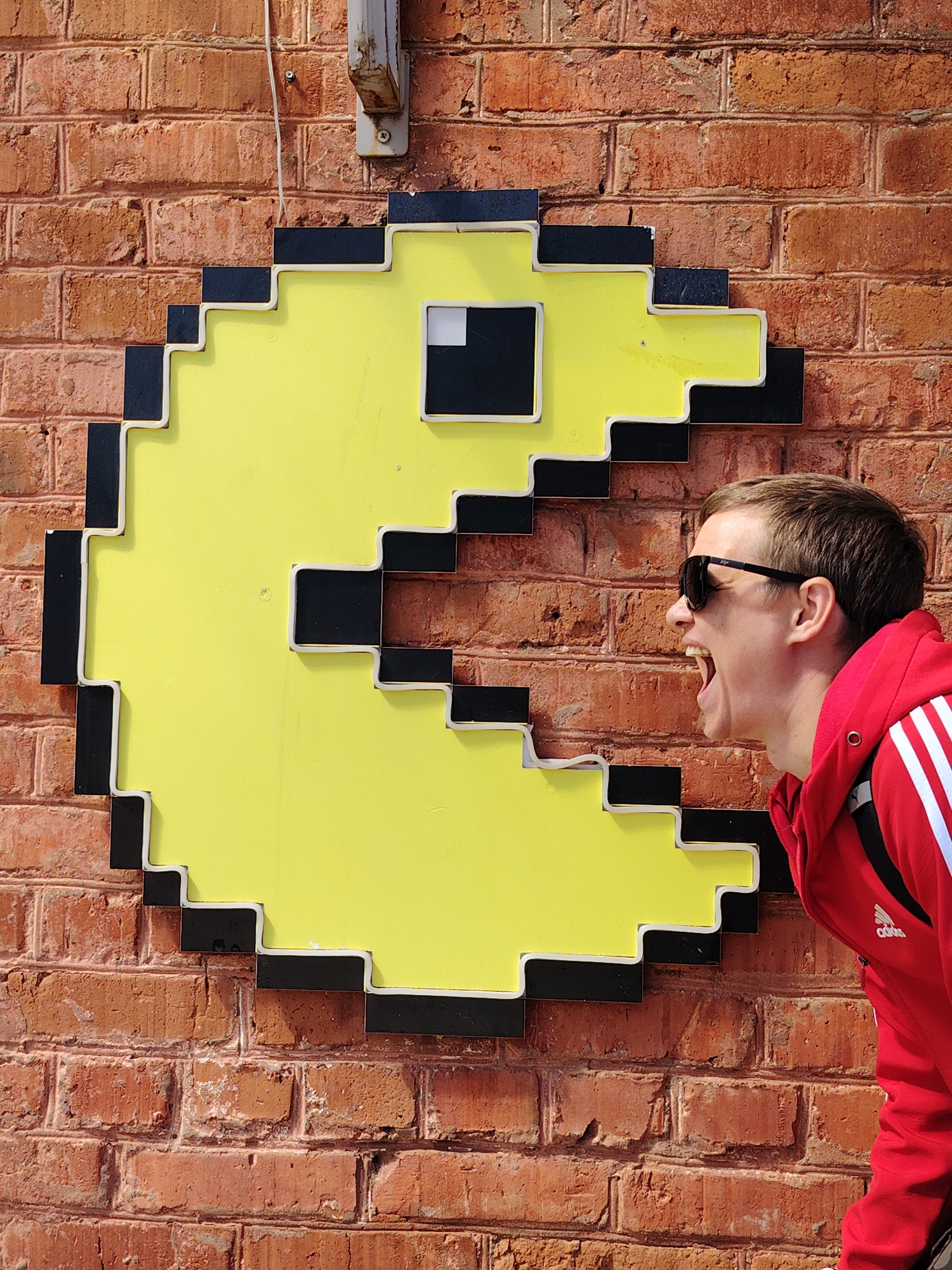 A medium shot depicts a person interacting with a Pac-Man-themed urban art installation.
Subject:
A person with fair skin and short brown hair wearing sunglasses is visible from the neck up in profile. The person has an open mouth in a yelling expression, suggesting a playful interaction with the artwork. They are wearing a red hooded jacket with white stripes on the sleeves and a black backpack strap is visible.
Artwork:
A large, two-dimensional Pac-Man figure is mounted on a brick wall. The Pac-Man figure is yellow with black and white pixelated edges. The artwork appears to be permanently affixed to the brick wall.
Environment:
The backdrop consists of an aged, red brick wall. An electrical wire and conduit are visible at the top, extending down towards the artwork.
Location:
The art installation is located in the city of Chaikovsky, Russia.
Interaction:
The person is positioned with their open mouth aligned with the Pac-Man's mouth, creating the illusion of being consumed.