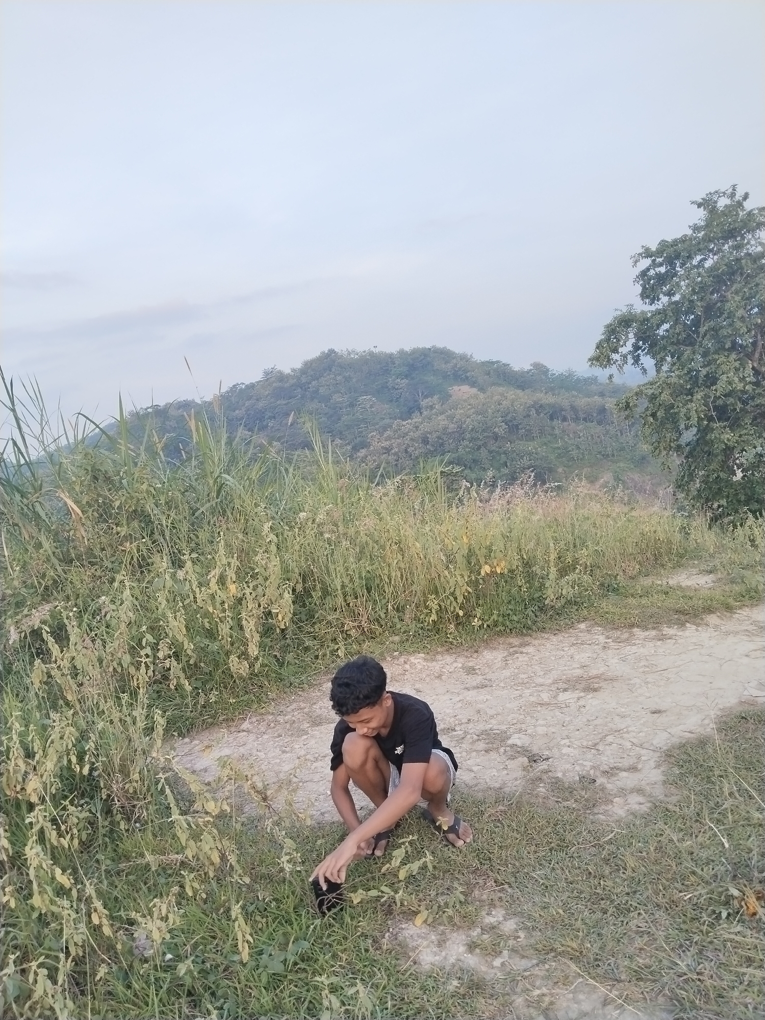 A young man is captured squatting on a dirt path in a verdant, hilly landscape, likely in Jambeyan, Indonesia. He has dark, curly hair and is dressed in a black t-shirt with a small white logo on the left chest (possibly Nike), light-colored shorts, and dark sandals. His focus is directed downwards, and he appears to be interacting with or observing something on the ground using a small black device, possibly a smartphone or camera, held in his right hand. A faint smile or look of concentration is visible on his face.
The setting is an outdoor natural environment, featuring a rustic dirt track winding through overgrown areas. Tall grasses and various green plants line both sides of the path, creating a dense foreground. In the mid-ground and background, multiple layers of rolling hills covered in lush trees and forest stretch under a pale, slightly hazy sky. A prominent tree with dense foliage stands on the right side of the frame. The soft, diffused lighting suggests either early morning or late afternoon. The scene conveys a sense of tranquility and engagement with nature.