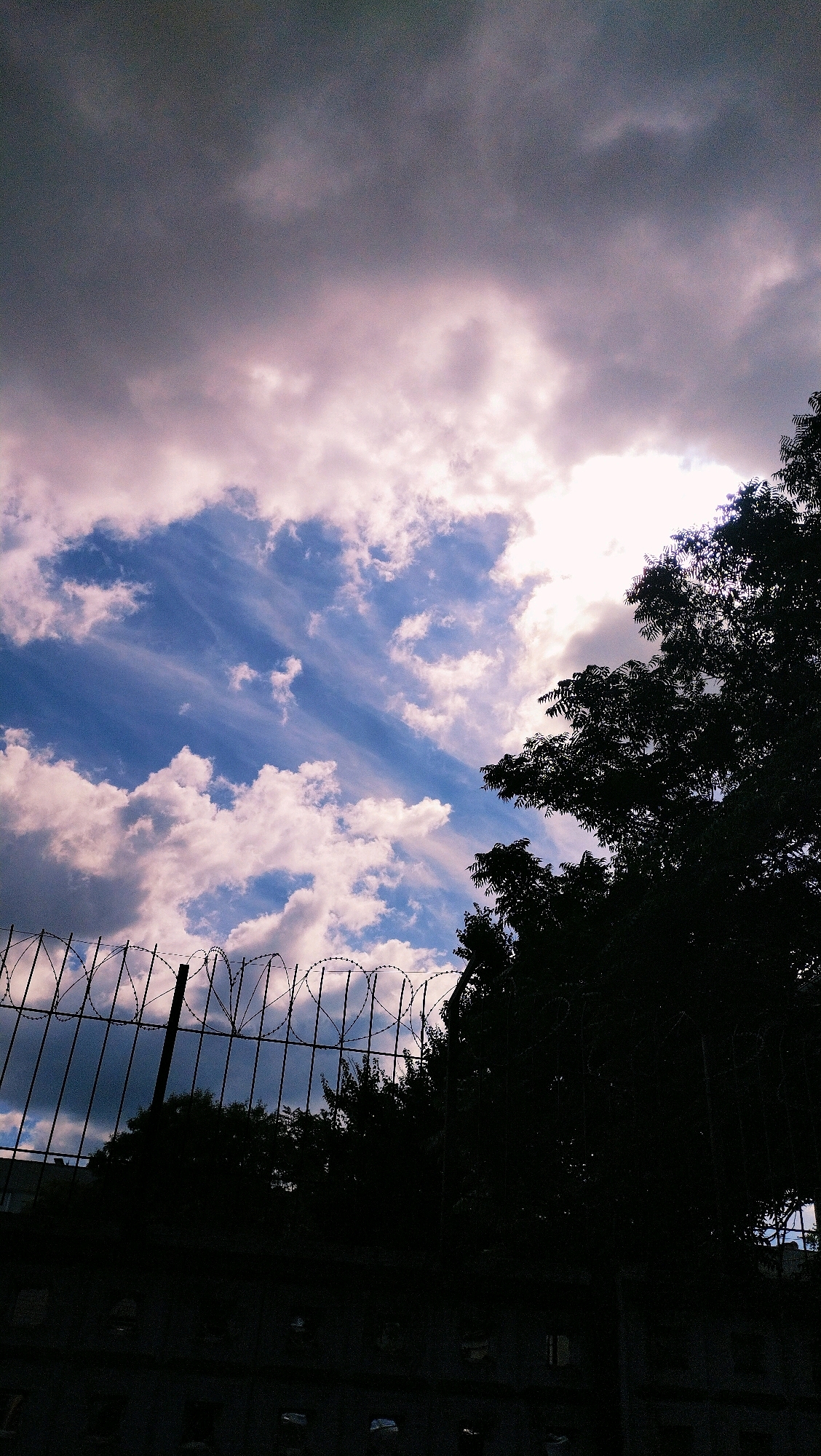 The image depicts a view of the sky above a barbed wire fence and trees, taken in Horishni Plavni, Ukraine. The sky is filled with a dramatic mix of dark, heavy clouds and lighter, wispy clouds, with streaks of blue sky visible between them. A silhouetted tree branches and foliage occupy the right side of the frame, and a barbed wire fence runs across the lower portion. Beneath the fence, darker silhouettes of trees and potentially a building are visible, mostly obscured by shadow. The overall impression is one of overcast weather, possibly before or after a storm, with a sense of enclosure due to the fence.