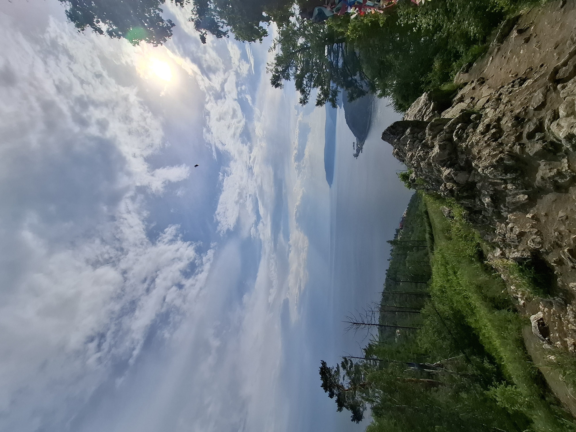 This is a landscape photograph taken from a high vantage point overlooking a body of water, likely a lake or river, in Nikola, Russia. The image is oriented vertically, with the sky and sun appearing on the left side and the land on the right.
The sky is partly cloudy, with bright sunlight breaking through from the upper left, casting a warm glow and creating lens flare. Wispy, elongated clouds stretch across the frame, suggesting a breezy atmosphere. A solitary bird is visible in flight against the sky. The water body occupies the central and right portions of the image, appearing calm and reflecting the light from the sky. In the distance, a distinct geological formation or island rises from the water.
The foreground on the right is dominated by a rocky, uneven terrain with patches of green grass and some sparse vegetation. Beyond this, a slope covered in lush green trees and undergrowth descends towards the water. A winding dirt path can be seen traversing the grassy slope. Some dead, bare trees are interspersed with the living foliage, adding a stark contrast to the vibrant greenery. At the very top of the image, a cluster of colorful, possibly prayer flags or decorations, are visible amongst the leaves of trees.
The overall impression is one of a natural, scenic vista on a sunny day, likely during the warmer months given the abundant greenery. The elevated perspective offers a panoramic view of the landscape, with a sense of openness and tranquility. No people or specific objects are clearly discernible, apart from the natural elements and the distant landmass. The time of day appears to be late morning or early afternoon, judging by the sun's position and intensity. There is no visible text in the image.