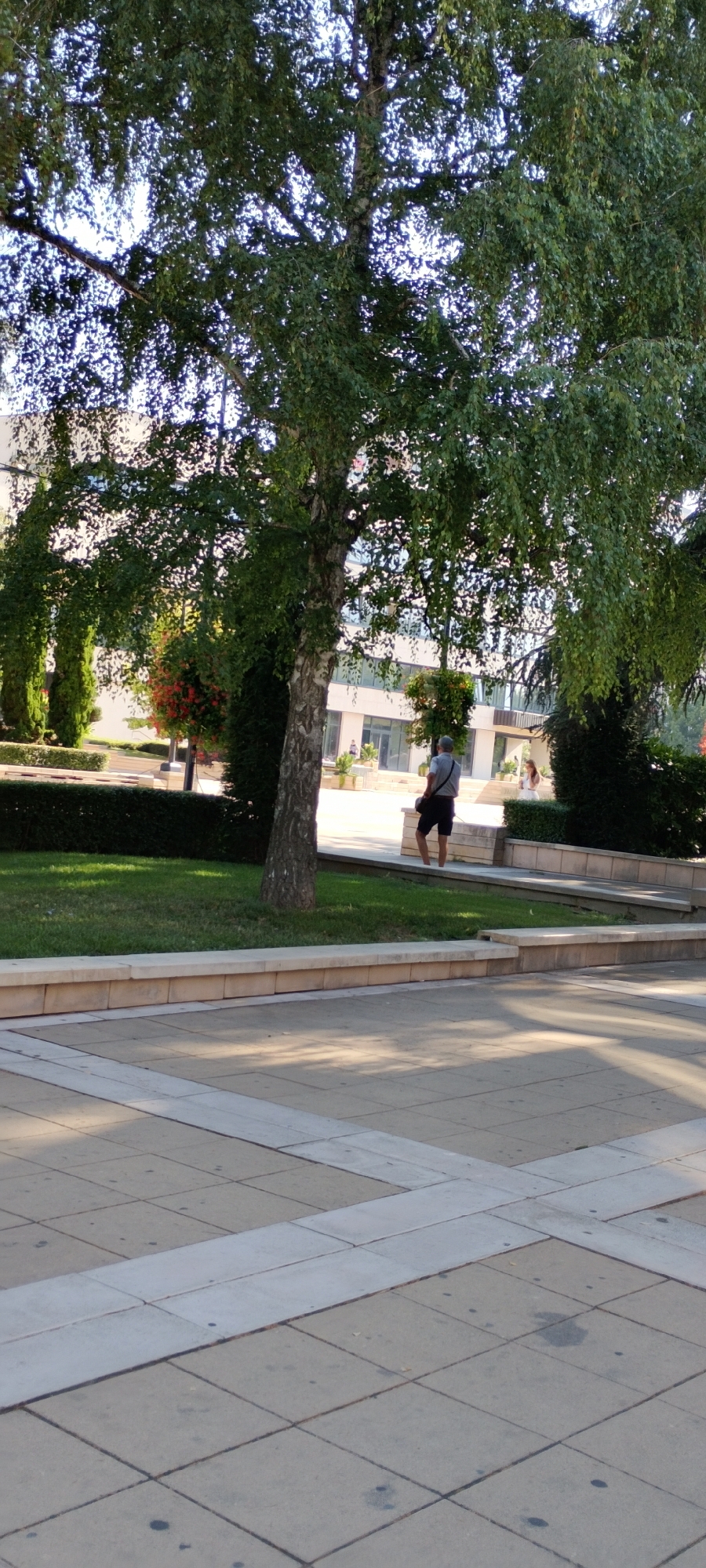 The image depicts a paved area with a large tree providing shade. A person wearing a dark shirt and shorts stands facing away from the camera, holding a bag. In the background, a modern building with large windows is visible, along with some landscaping including manicured bushes and a small tree with red flowers. The setting appears to be a public space, possibly a park or a square, within the city of Yambol, Bulgaria. The ground is paved with square tiles and features a lighter colored stripe pattern. The lighting suggests it is daytime, with shadows cast by the tree and the paving.