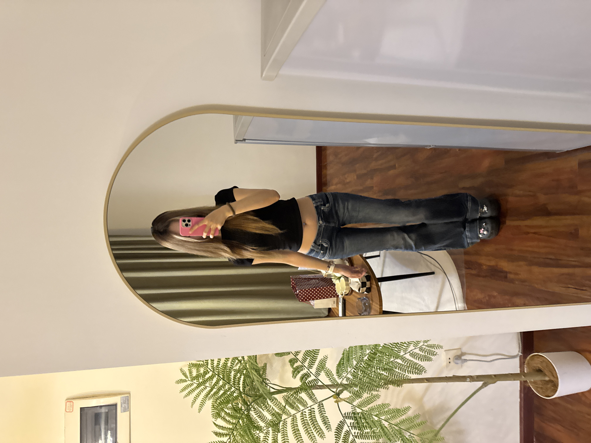 A person is reflected in an oval mirror taking a picture with a pink cell phone. The person is wearing a black shirt and blue jeans. Behind the person is a small table with various items on it. The background includes a curtain and wooden flooring. The mirror is positioned in front of a wall with a fern plant at the bottom of the frame and a ventilation unit on the wall. The location appears to be indoors, possibly a residence. There is no verifiable evidence to place this scene within the Yuzhong District, China.