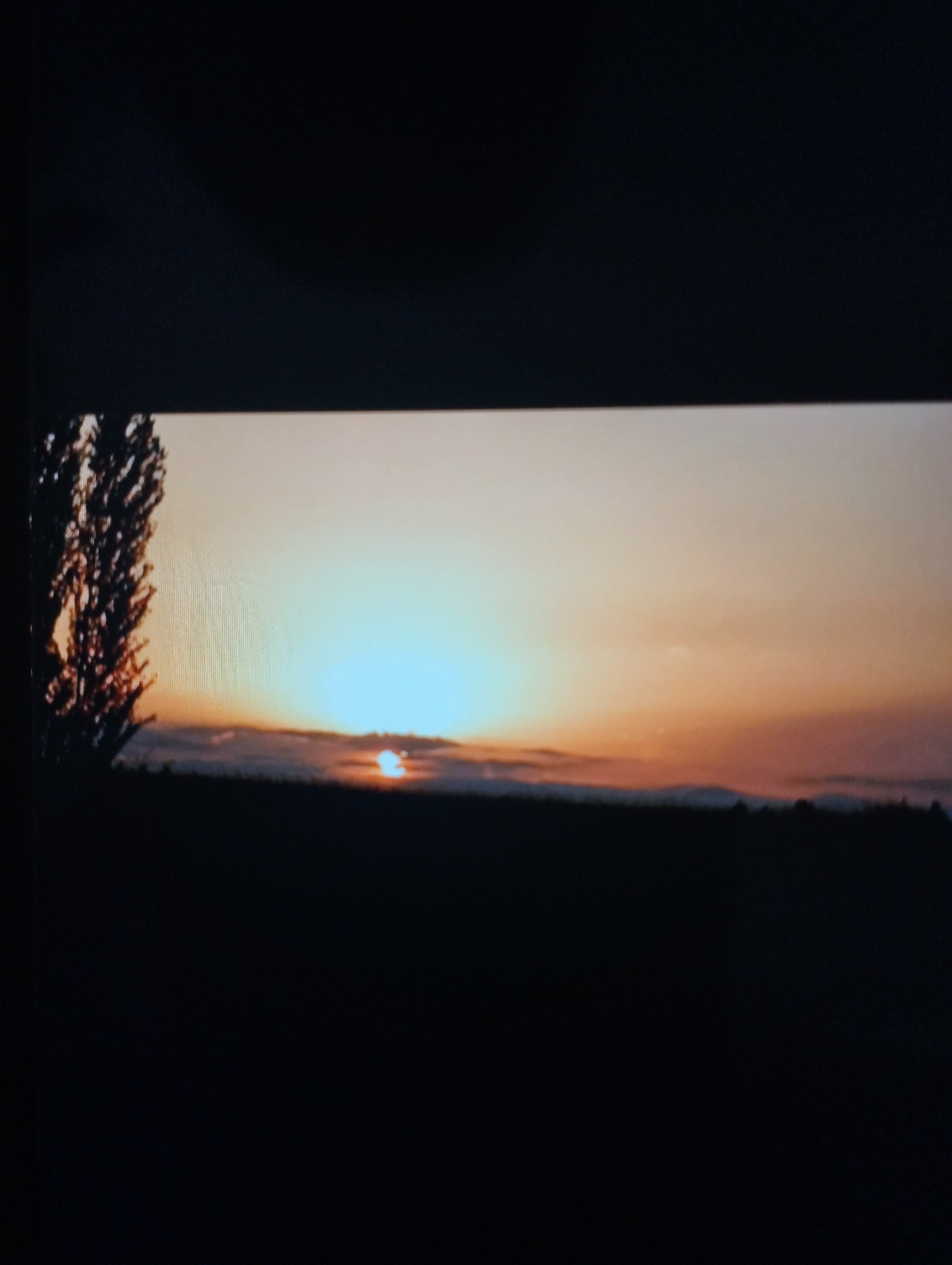 The image shows a silhouetted treeline against a sunset sky. The sun is low on the horizon, casting a warm orange and yellow glow. The sky transitions to a lighter blue as it moves upwards. In the foreground, a dark silhouetted landscape is visible. There are no people or specific architectural elements visible that would allow for identification of the location in Baku, Azerbaijan.