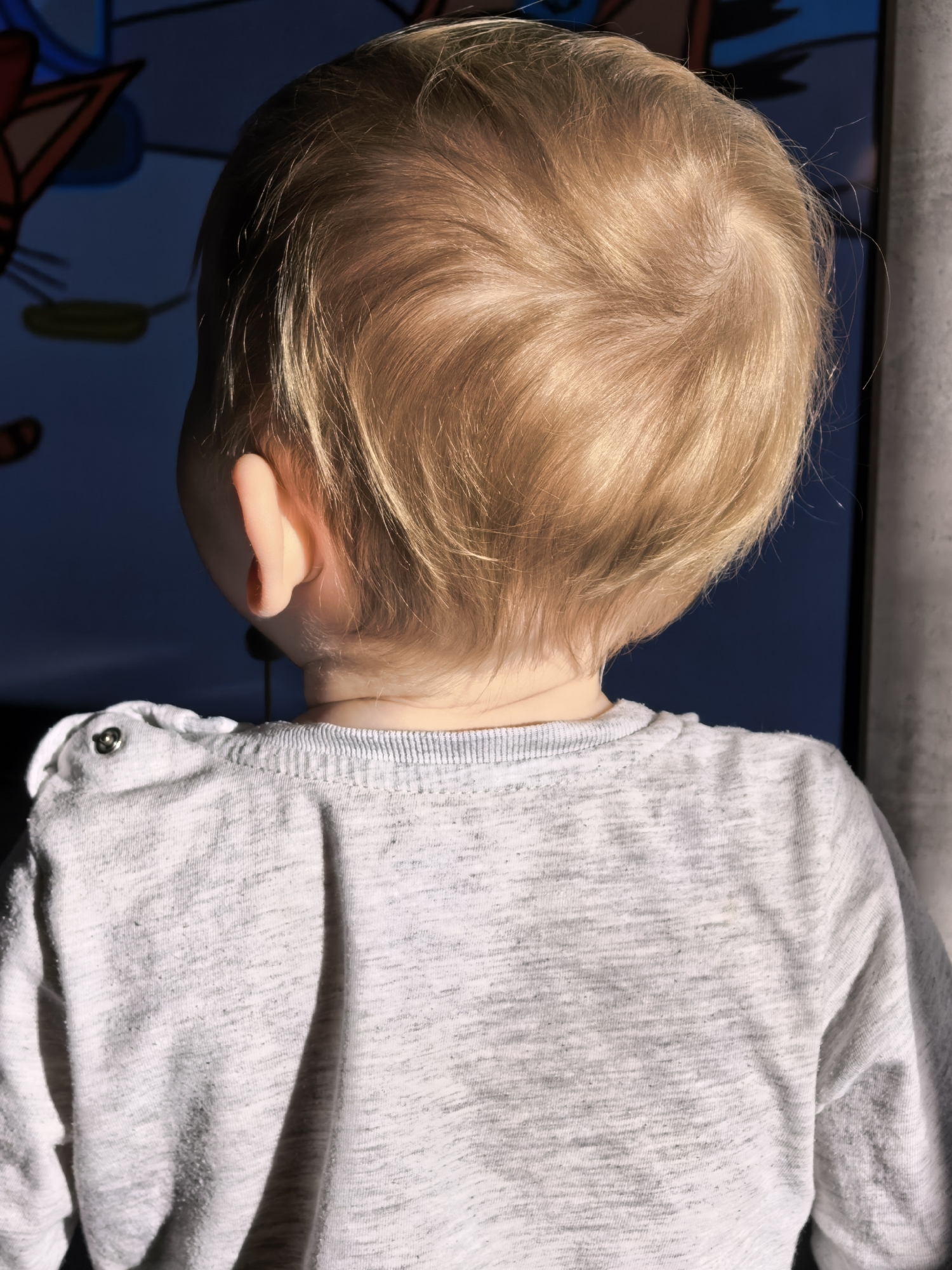 The image presents the posterior view of a young child with short, light blonde hair featuring a distinct crown at the top of the head. The child is wearing a light heather grey long-sleeved top, exhibiting minor fabric pilling and two dark snap fasteners on the left shoulder. The left ear and the nape of the neck are visible. The immediate background is a dark blue surface, indicative of a screen or monitor, displaying blurred, brightly colored graphic elements, possibly cartoon figures. A textured, light grey vertical structure is partially visible on the far right. Illumination highlights the child's hair and the upper left shoulder, suggesting an indoor environment with a distinct light source. The image does not contain any visual data to ascertain a specific geographical location, including the city of Sterlitamak, Russia.