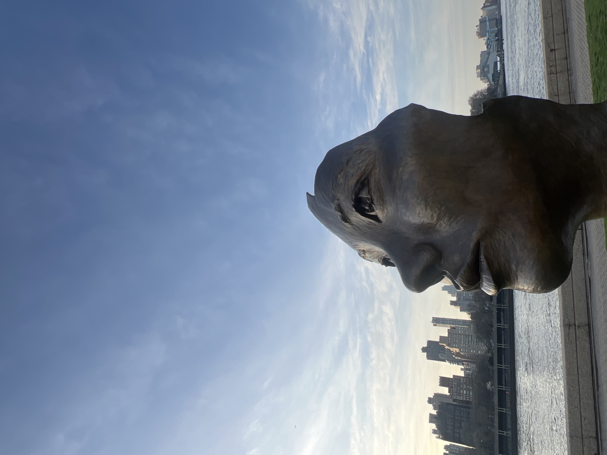 The image features a bronze sculpture of a head in profile, set against a backdrop of the New York City skyline and the East River. The sculpture appears to be located along a waterfront park or promenade. The sky is blue with wispy clouds, indicating a clear day. The sculpture dominates the foreground, with the cityscape visible in the distance, separated by the river. The buildings are a mix of residential and commercial structures. The angle suggests the photograph was taken from a low vantage point, looking upwards at the sculpture.