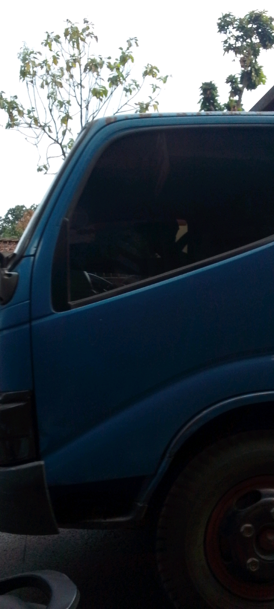 A side view of a blue truck is visible in this image. The truck's dark tinted windows obscure the interior. The vehicle appears to be parked on a paved surface, possibly a road or driveway, with some vegetation visible in the background, including trees. The lighting suggests it is daytime. The image is a close-up of the truck's side, focusing on the door, window, and part of the wheel well. The specific location in Cilaku, Indonesia, is not visually identifiable from the provided image.