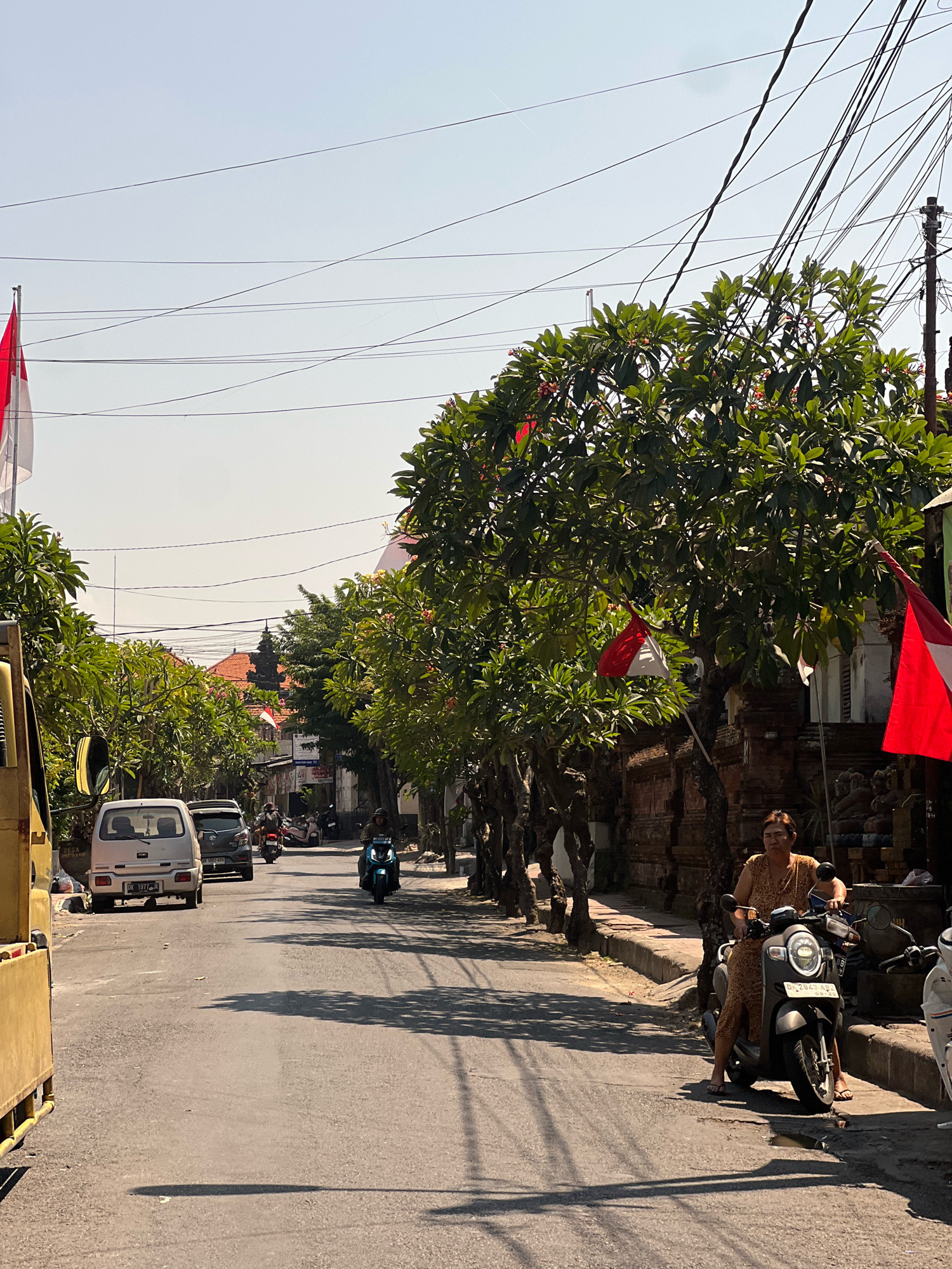 In Denpasar, Indonesia, a street scene unfolds under a clear sky, illuminated by bright sunlight casting long shadows. The road is paved, and on either side, lush green trees line the pathway, some adorned with red and white flags, indicating a national celebration or holiday. Several vehicles are present: a yellow truck is parked on the left, a white van is driving on the road, and several scooters are also visible. One scooter, ridden by a woman in a patterned dress, is prominently positioned on the right side of the road. She is looking to her left, her posture relaxed as she sits on the scooter. Another scooter, ridden by a person wearing a blue shirt and helmet, is moving away from the viewer on the right side of the road. Further down the street, more scooters and cars are observed. Buildings with traditional architecture and red tile roofs are visible in the background. The overall atmosphere suggests a typical day in the city, with local life unfolding amidst the vibrant cultural and natural elements of Denpasar.