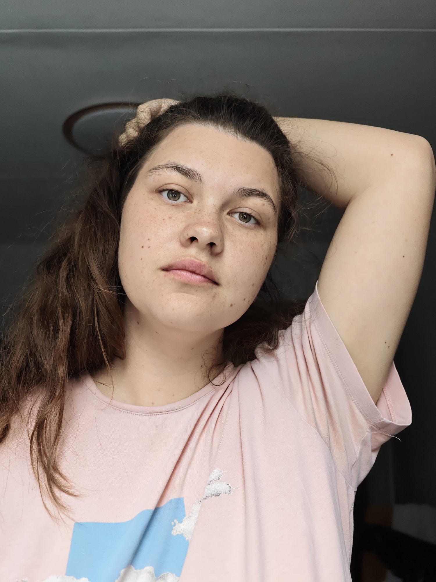 A young woman with light brown hair and fair skin stands indoors, facing the camera. Her hair is partially pulled back with a light brown scrunchie. She has freckles on her face. Her left arm is raised, with her hand near the back of her head. She is wearing a pink t-shirt with a light blue and white design on the front. The background is a dimly lit room with a round light fixture visible on the ceiling. This is not determinable to be Chaikovsky, Russia.