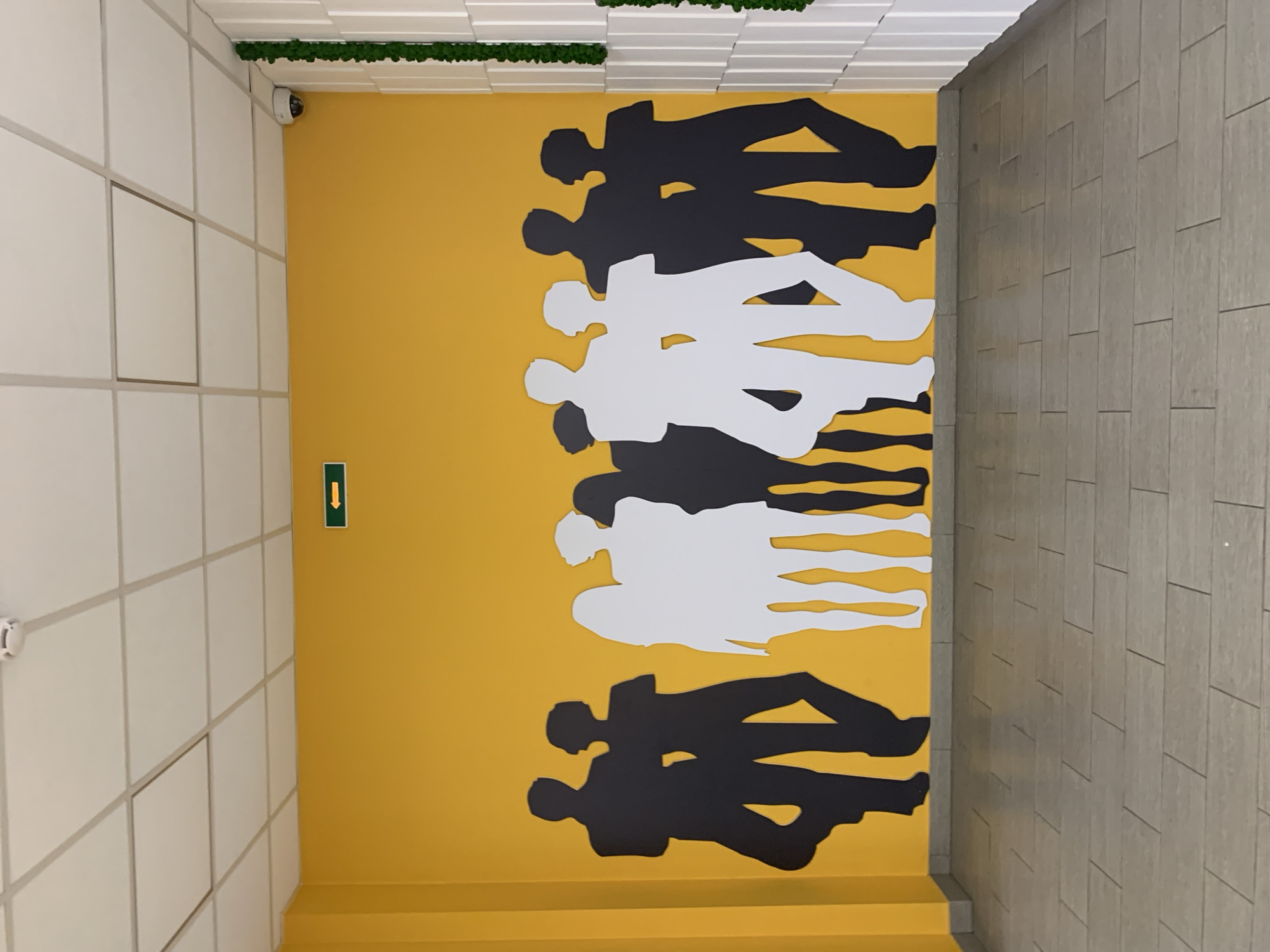 This image captures an interior view of a modern hallway or corridor in Moscow, Russia, taken from a high-angle perspective looking down. The space is dominated by a vibrant yellow wall that runs horizontally across the center of the frame.
The yellow wall features a striking graphic art installation composed of human-like silhouettes. These stylized figures are depicted in profile, seemingly walking or running, arranged in alternating rows of black and white. There are three white figures and four black figures clearly visible, creating a dynamic sense of motion and contrast against the bright yellow background.
To the left of the yellow wall is a white paneled wall, characterized by a grid-like pattern. A white security camera is mounted high in the corner where the white wall meets the yellow wall, near the ceiling. Above this section, a decorative element is visible, featuring white rectangular panels and a strip of green, moss-like texture.
To the right, the wall is covered with rectangular gray tiles, laid in an offset pattern. The floor area visible at the bottom of the image appears to extend from the yellow wall, forming steps or a raised platform, maintaining the same yellow color. The gray tiled wall also meets a similar gray tiled floor section.
A small green square sign with a white downward-pointing arrow is affixed to the upper-left portion of the yellow wall, likely indicating a direction or an exit. The overall atmosphere suggests a contemporary public or commercial building interior, characterized by bold colors, clean lines, and a playful artistic touch through the graphic silhouettes. No individuals are present, but the art implies human presence and movement.