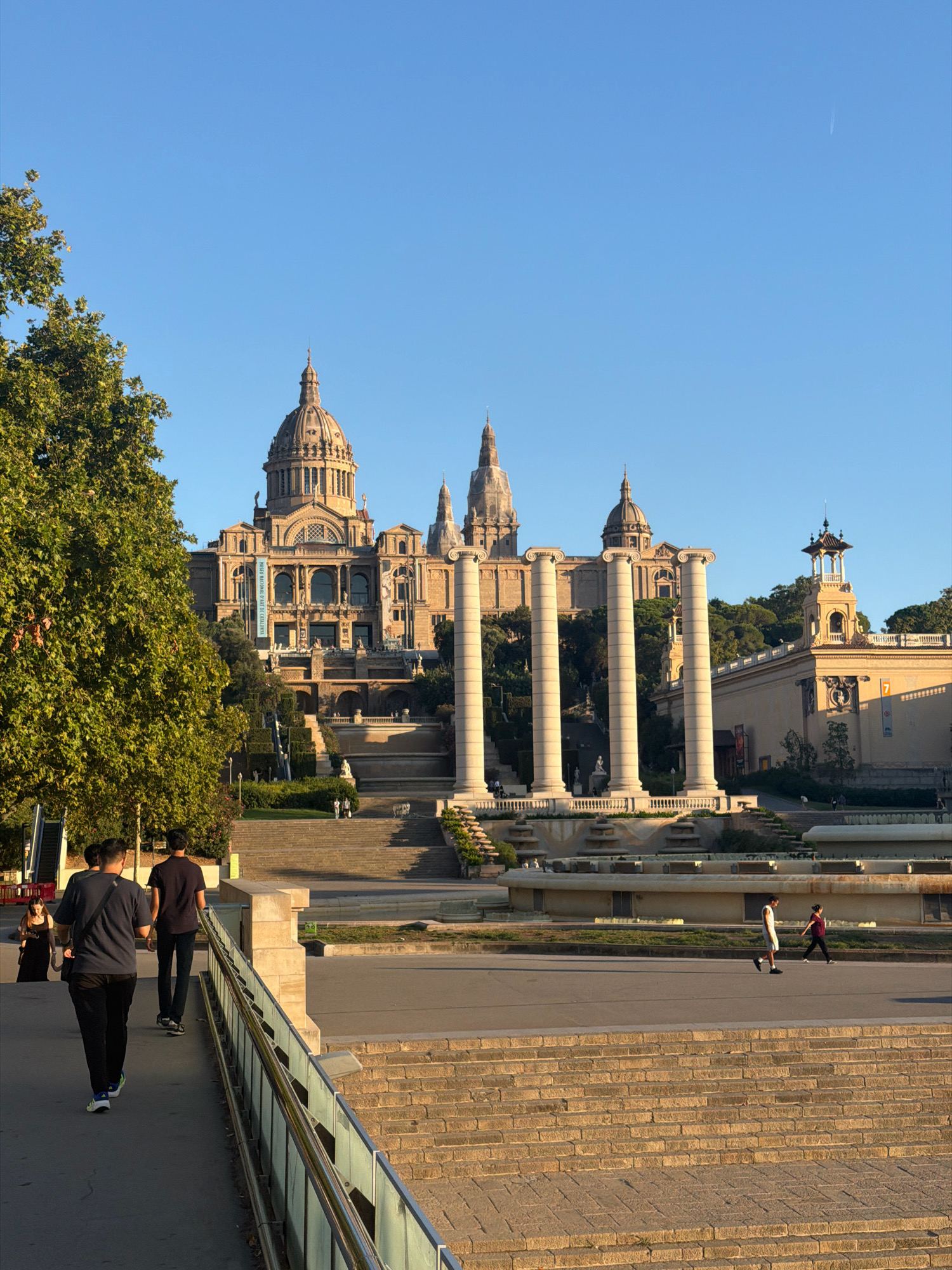 The image depicts the National Art Museum of Catalonia, located on Montjuïc hill in Barcelona, Spain. The grand building, with its distinctive domes and classical architecture, is set against a clear blue sky. In the foreground, a tree with lush green foliage partially obscures the view of the museum's facade. A set of grand stairs leads up to the museum, with several people walking on them and in the surrounding plaza. A large fountain structure is visible at the base of the stairs. In the immediate foreground, two men are walking away from the camera on a paved walkway. The overall scene suggests a sunny day with a light breeze, indicated by the movement of the tree's leaves.