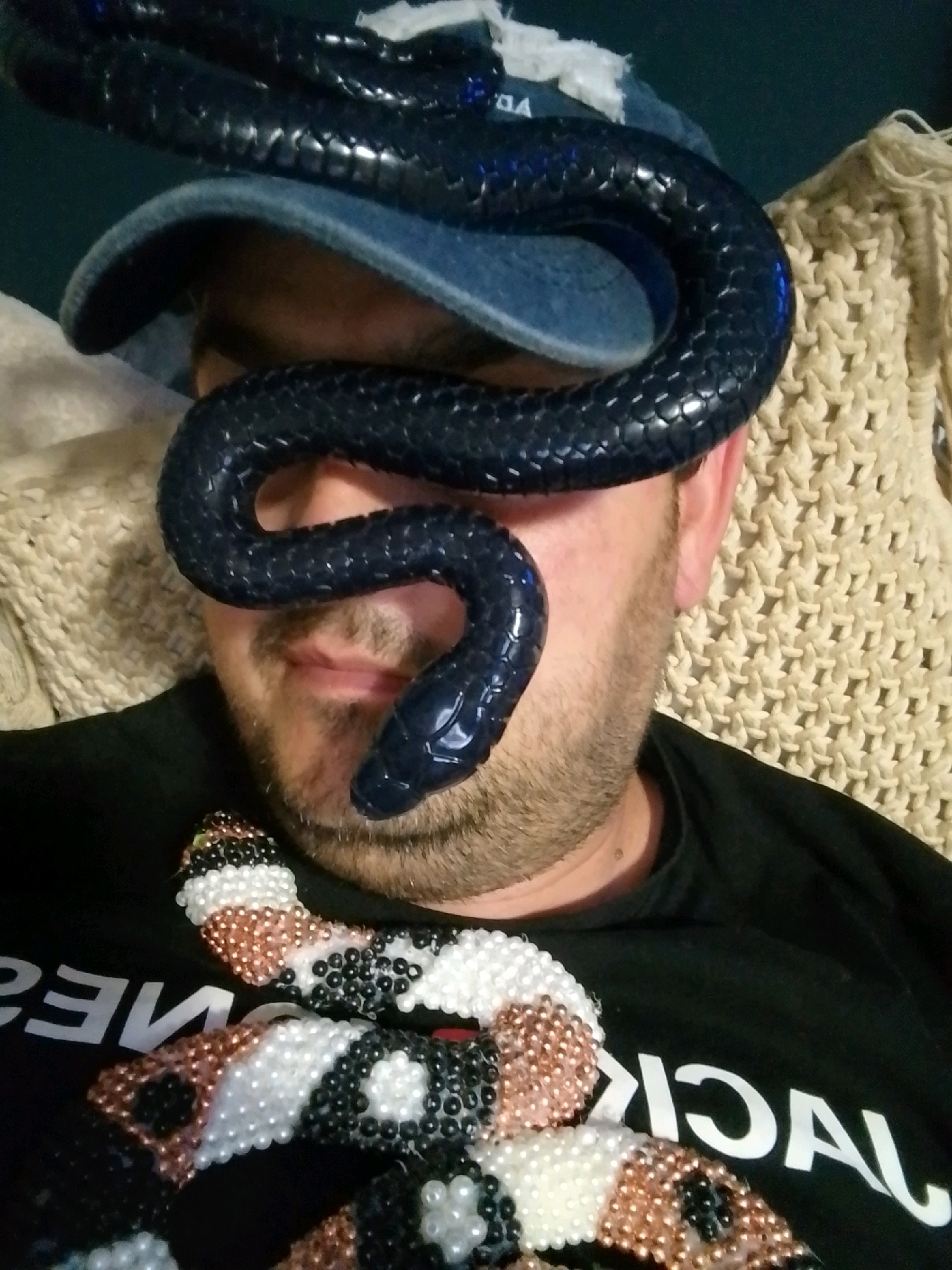 A person wearing a blue baseball cap and a black t-shirt is in the frame. A black snake toy is draped over the person's head and face, covering their eyes. Another toy snake, made of beads in black, white, and copper colors, is on the person's chest. The person has a beard and is looking down. The background consists of a textured cream-colored fabric. The image does not contain any information about the city of Wedel, Germany.