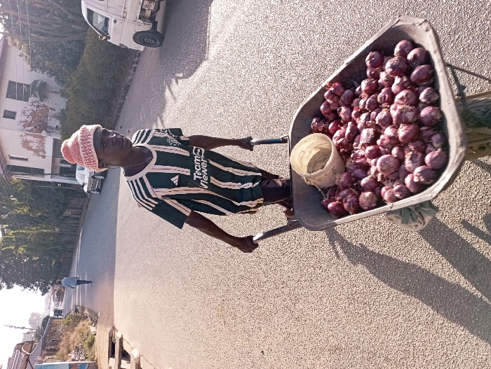A young male, wearing a dark green and white striped Manchester United soccer jersey and a light pink knitted beanie, pushes a grey wheelbarrow along a textured asphalt road. The wheelbarrow is laden with numerous red onions, topped by a light-colored plastic bucket. The individual has dark skin and is looking slightly left. Bright sunlight illuminates the scene, casting distinct shadows of the man and wheelbarrow onto the road to the left. In the mid-ground, another person walks away on the road. The right side of the street features a two-story building with discolored and peeling light-toned paint, surrounded by dense green vegetation. A silver sedan and the front portion of a white utility truck are also visible on the right. A raised concrete structure or drainage channel runs along the left side of the road. While the general setting is consistent with an urban area in Jos, Nigeria, a specific location within the city cannot be precisely identified from the image.