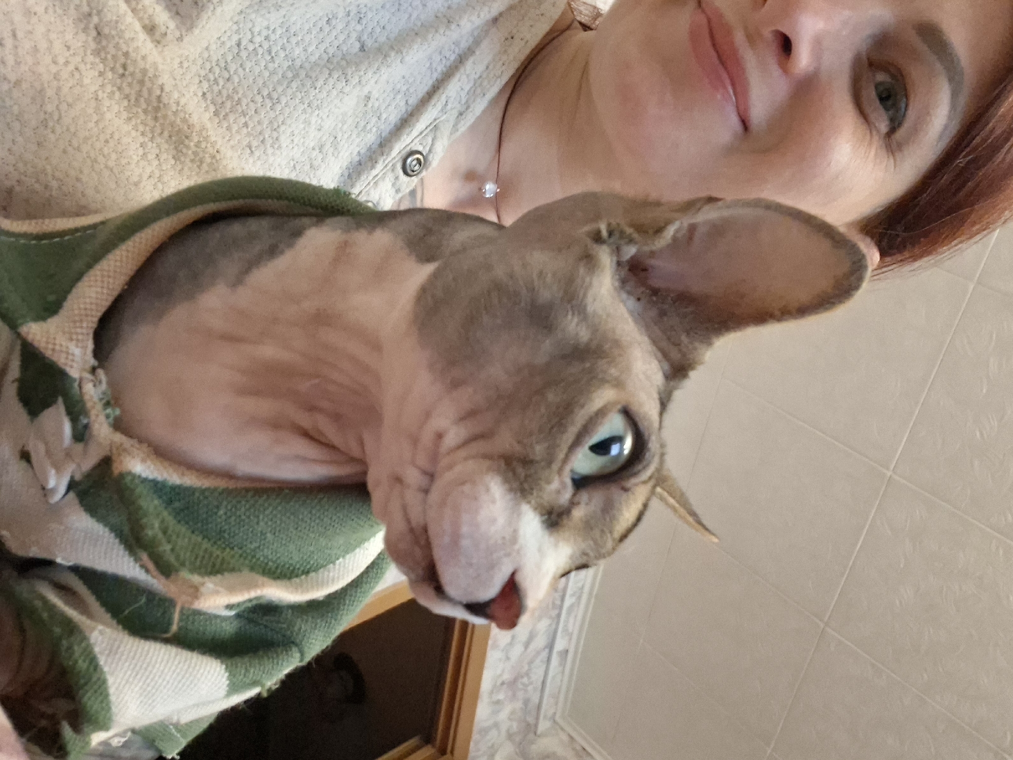 In a close-up, indoor, eye-level shot, a woman with auburn hair and a light-colored sweater holds a hairless cat. The cat, predominantly gray and white with pink accents on its nose and ears, is wearing a green and white striped shirt. The woman is smiling faintly, her gaze directed slightly off-camera. The background suggests an interior setting, with tiled walls and a doorway visible. The overall scene is casual and personal, indicating a domestic environment possibly within Забалоцкі сельскі Савет, Belarus, though no specific landmarks confirm this location.