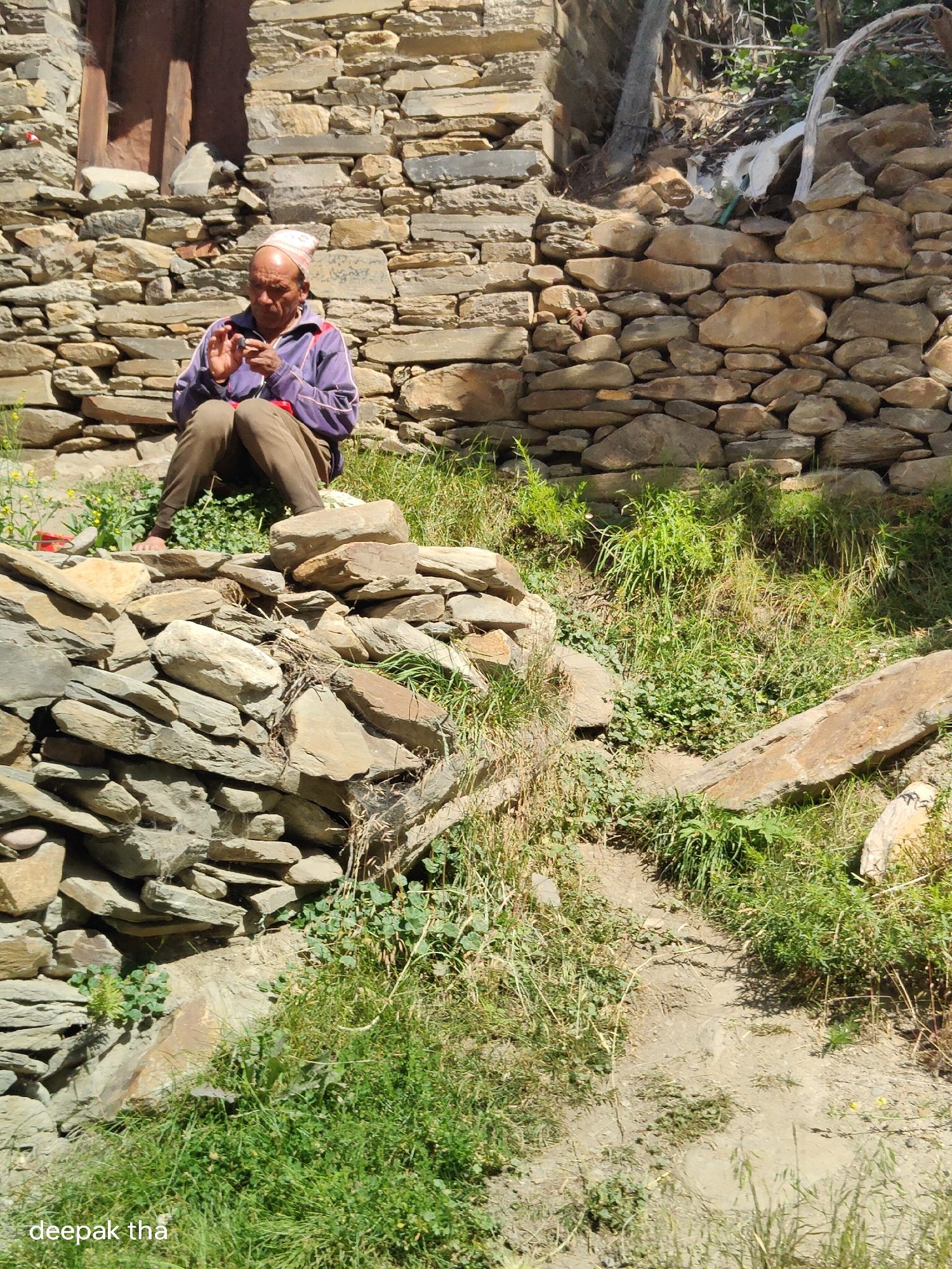 An elderly man wearing a purple jacket and brown pants is sitting on a pile of stones in front of a stone wall. He is wearing a pink and white checkered hat. He is looking down at his hands, which are clasped together. There is green grass and some small yellow flowers around him. The scene appears to be in a rural area in the village of Gemur, India.