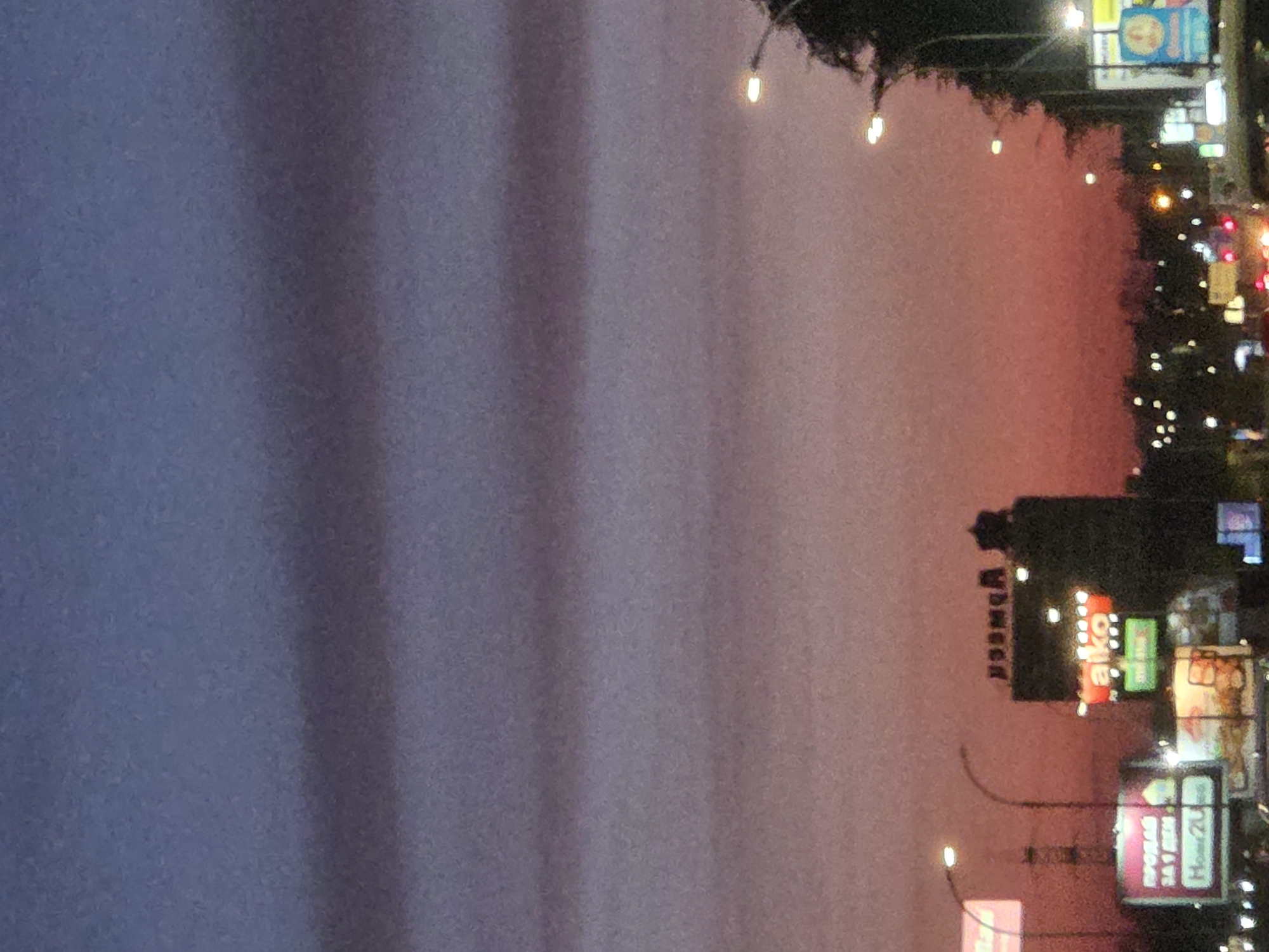 The image shows an urban scene at dusk in Varna, Bulgaria. In the distance, there is a cityscape with multiple illuminated signs and buildings. Streetlights are visible, casting a glow on the surroundings. The foreground and sky have a gradient of colors, transitioning from purple and blue at the top to pink and orange near the horizon.