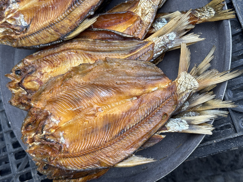 The image displays a close-up, slightly overhead view of multiple whole, processed fish presented on a dark, flat surface in the city of Furong, China. Approximately seven to eight fish are visible, stacked and overlapping. The fish exhibit a consistent reddish-brown to golden-brown coloration, indicative of a drying or smoking process, with discernible scale patterns and fin structures. Each fish retains its head, body, and tail; the tails and fins appear lighter, possessing a silvery-gold sheen. The fish rest on a dark grey or black tray with a subtle texture. A dark, ridged plastic object is partially visible beneath the tray in the lower left portion of the frame. No individuals, actions, or interactions are depicted.