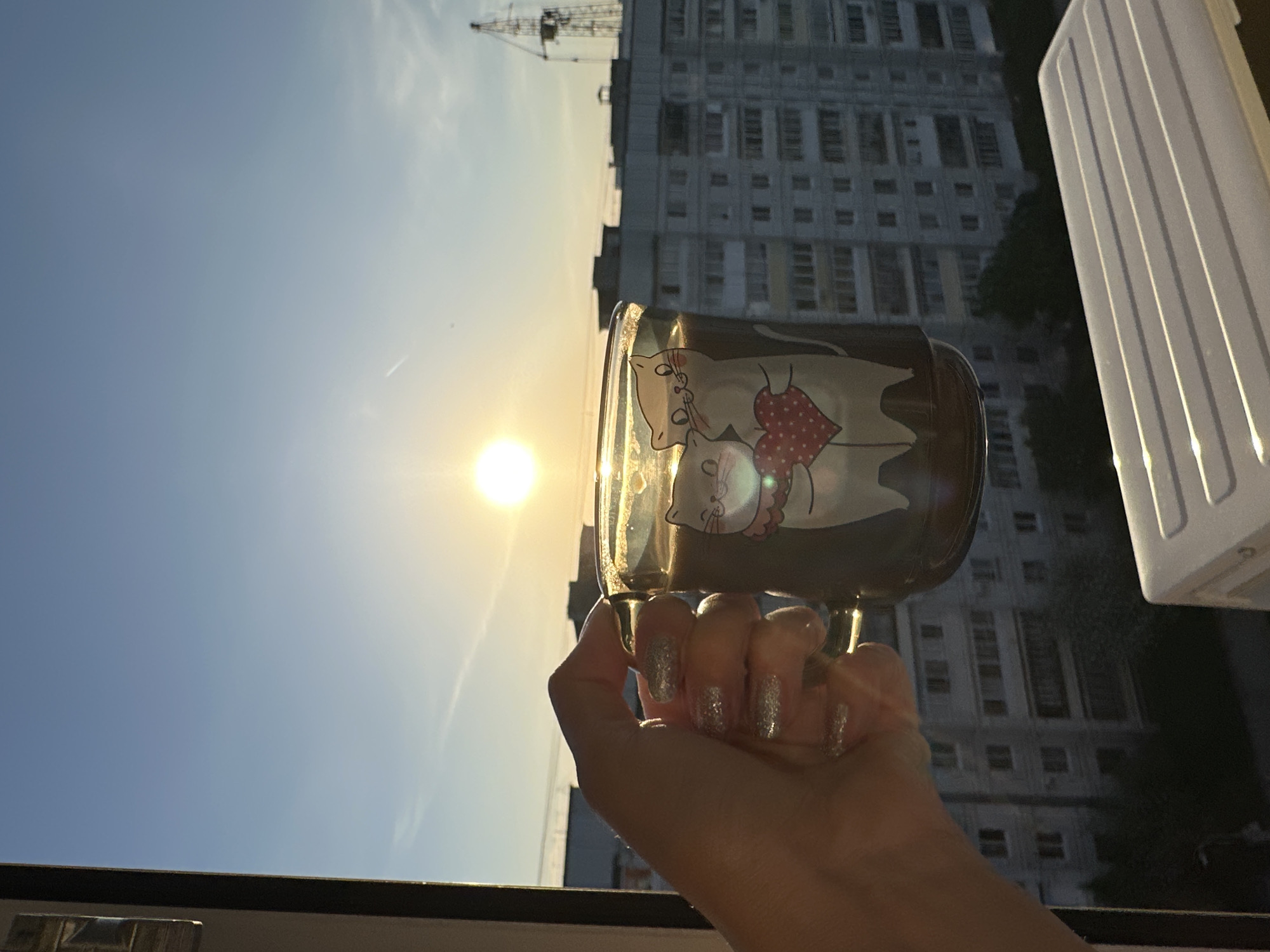 The image shows a hand holding a mug with a cat design against a backdrop of a city skyline. The sky is blue with the sun shining brightly. A tall building and a crane are visible in the background. A white object with vertical lines is located to the right of the mug. The hand is holding the mug by its handle, and the person is likely indoors near a window. Based on available information, it cannot be conclusively stated that the location is Chaikovsky, Russia.