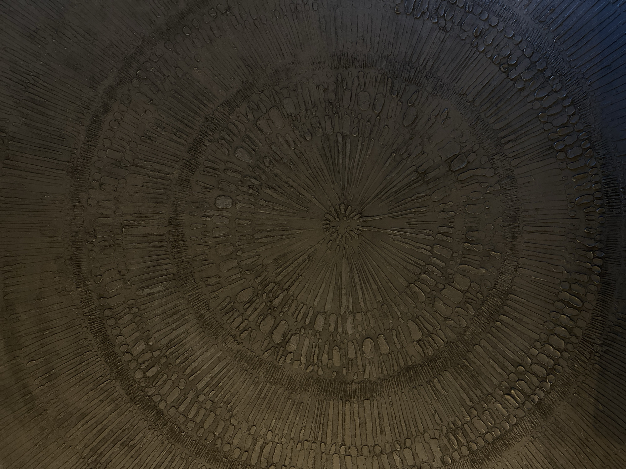 The image shows a close-up of a dark, textured surface with a radial pattern emanating from the center. The texture consists of raised, elongated shapes and rounded bumps arranged in concentric circles. The color is predominantly dark brown or gray with subtle variations in tone. The pattern resembles sun rays or growth rings on a tree. There is no discernible information connecting this image to Votkinsk, Russia, or any specific people, objects, actions, or interactions.