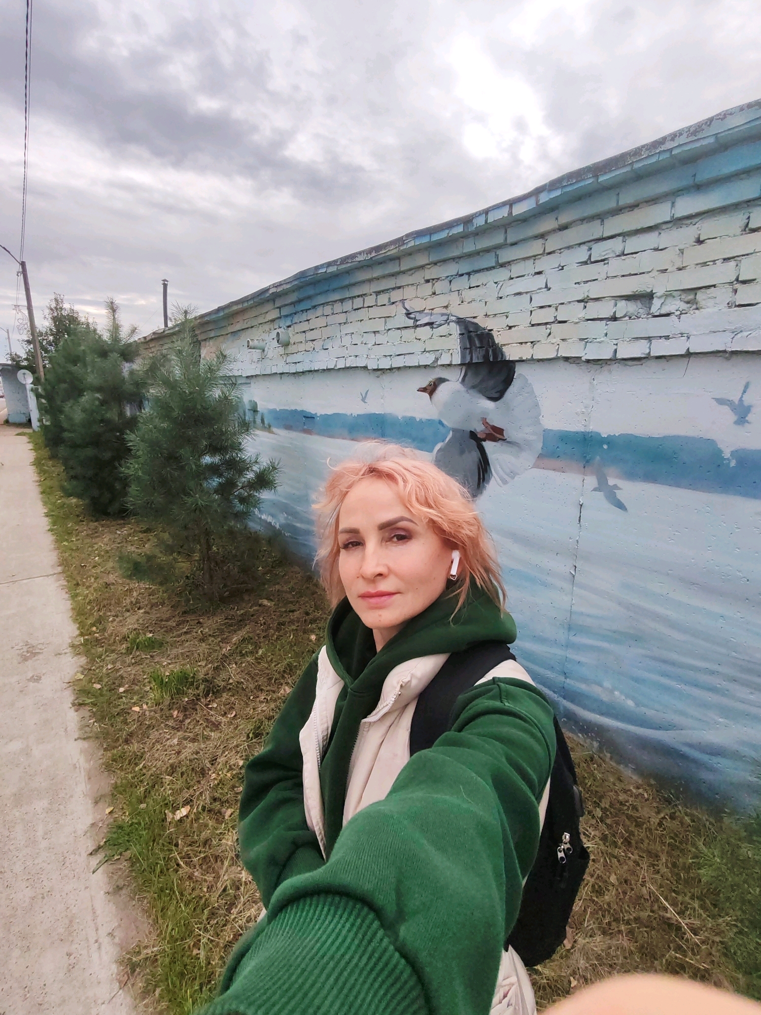 An overhead, eye-level, medium shot captures a Caucasian woman with pink-tinted hair taking a selfie in front of a mural on a brick wall. The woman is positioned on the right side of the frame, looking directly at the camera. She is wearing a green hooded sweatshirt over a tan vest and has white wireless earbuds in her ears. Her right hand is visible, holding the phone to take the picture. The background features a mural depicting a body of water with several seagulls in flight. The mural is painted on a white brick wall that extends across the top of the frame. To the left of the woman, a concrete sidewalk runs parallel to a strip of dry grass and small evergreen trees. The sky above is overcast with gray clouds. The location is identified as Chaikovsky, Russia.