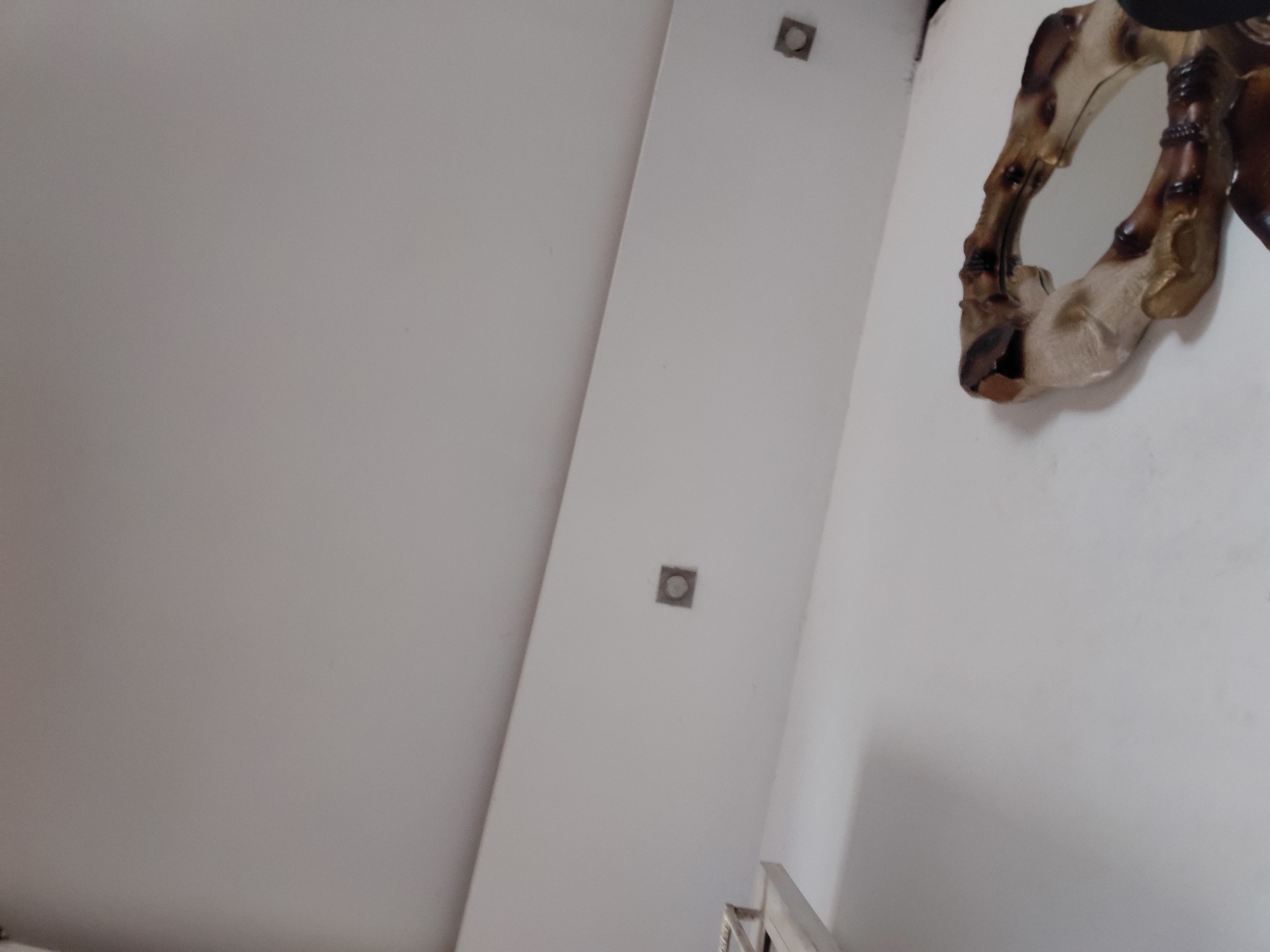 The image captures an upward-angled view of a minimalist interior space, dominated by white or very light grey walls. On the right side, a decorative mirror or wall hanging with an irregular, organic shape is partially visible. This object appears to be crafted from a material resembling carved wood or bone, displaying a range of hues from light beige to darker brown, with a rough or textured surface. The mirror itself reflects a distorted, indistinct view of the surrounding white wall.
Architectural elements include a prominent diagonal line dissecting the frame, suggesting a corner or a junction between wall and ceiling planes, or perhaps a staircase. Two small, square, recessed fixtures are noticeable on the white walls: one near the top right corner and another positioned lower in the central-right area. These fixtures feature a dark, circular center within a square outline, likely representing either lighting elements or vents. A sliver of a light-colored, possibly metallic, railing or frame is visible at the very bottom right of the image.
The lighting in the scene is even and diffused, consistent with indoor artificial illumination. No people or activities are present, and the image offers no specific temporal cues like time of day or weather. There is no visible text. The environment suggests a clean, modern, and uncluttered setting. The image itself contains no specific visual elements that directly indicate the location as Santa Ana, Venezuela.