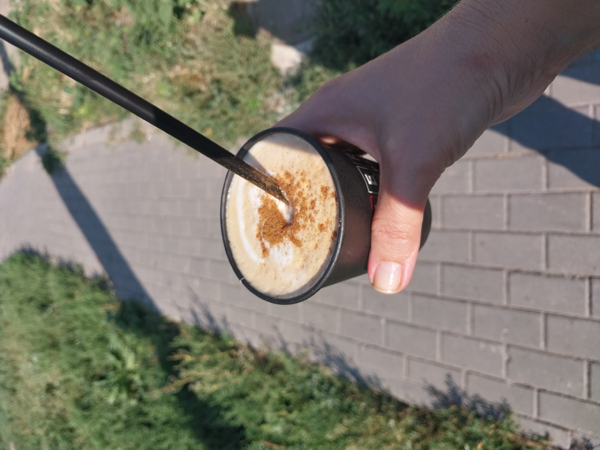 A hand holds a black paper cup filled with a frothy beverage, topped with a swirl of cream and a sprinkle of cinnamon. A black straw is inserted into the drink. The cup is black with some red lettering visible. The background shows a gray paved walkway curving to the left, bordered by green grass and vegetation. The scene is illuminated by sunlight, casting shadows. The image appears to be taken outdoors on a sunny day, possibly in a park or pedestrian area. There are no specific landmarks visible to confirm the location in Dnipro, Ukraine.