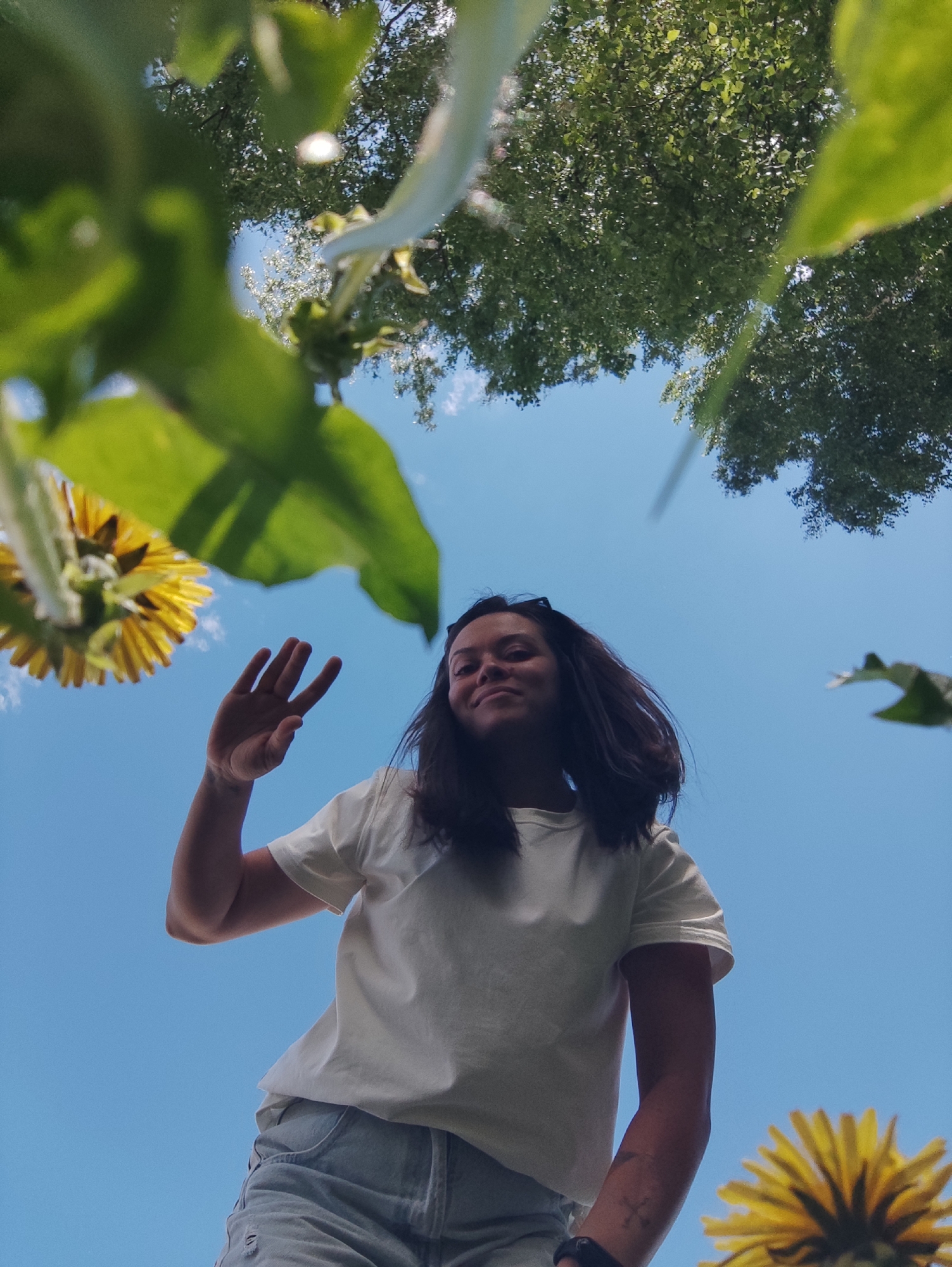 A low-angle photograph captures a young woman from below, set against a backdrop of a clear blue sky. She is wearing a light-colored t-shirt and denim shorts, and she is waving with her right hand. Her dark hair is loose around her shoulders. A patch of green foliage, including what appear to be dandelion flowers, frames the top and sides of the image. Above the foliage, the upper reaches of a tree are visible against the sky.
The city Chaikovsky, Russia cannot be verified as the location.