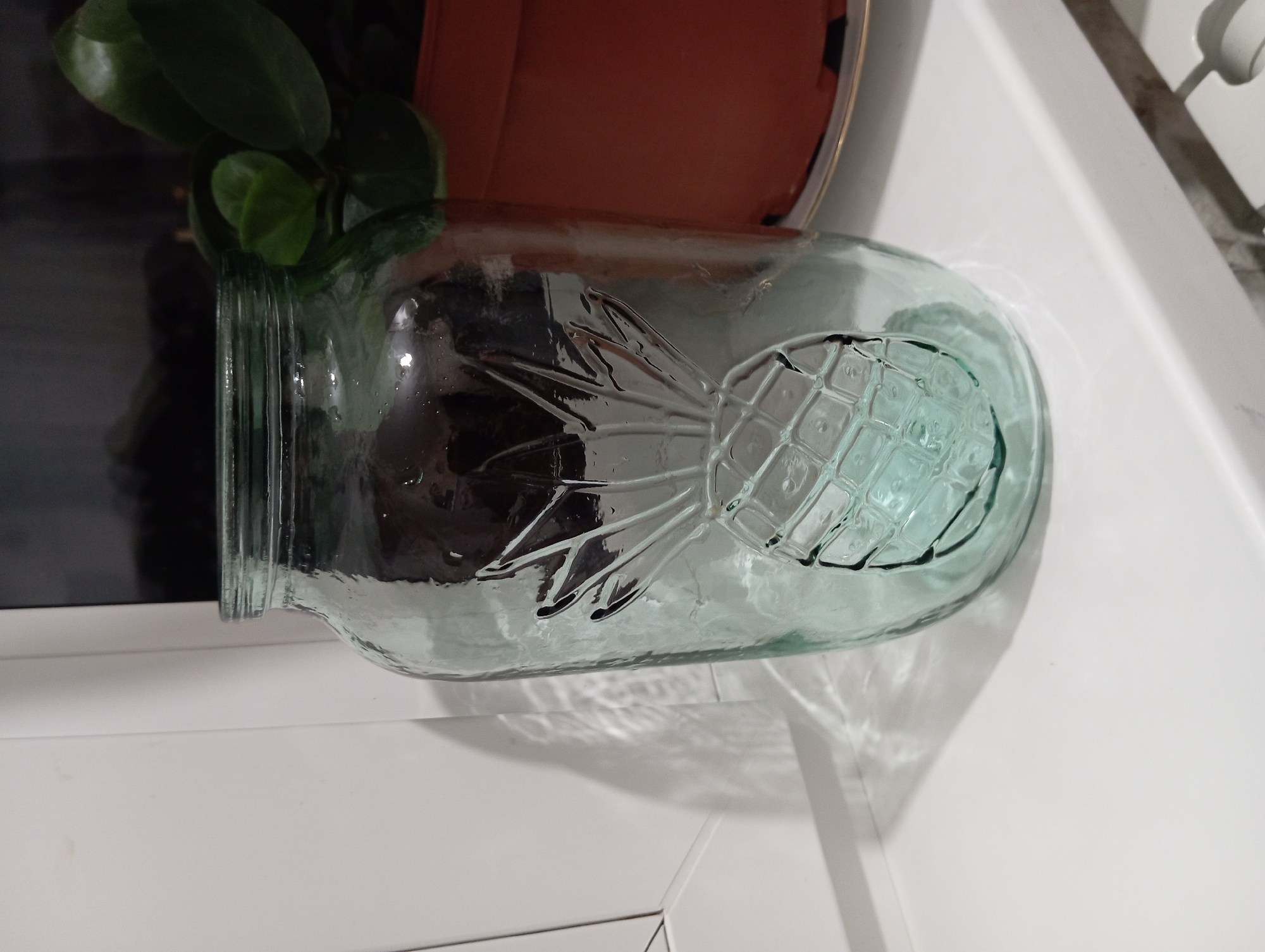 A close-up, eye-level shot captures a large, clear glass jar with a textured pineapple design embedded in its surface. The jar is positioned on a white, flat surface, possibly a windowsill, with a white vertical element to the left and a brown pot containing a green plant to the right. The lighting creates dappled shadows on the white surface, suggesting it is near a window. The overall scene appears to be indoors, in a domestic setting. The image does not provide any information about the city of Temryuk, Russia, or any specific actions or people.