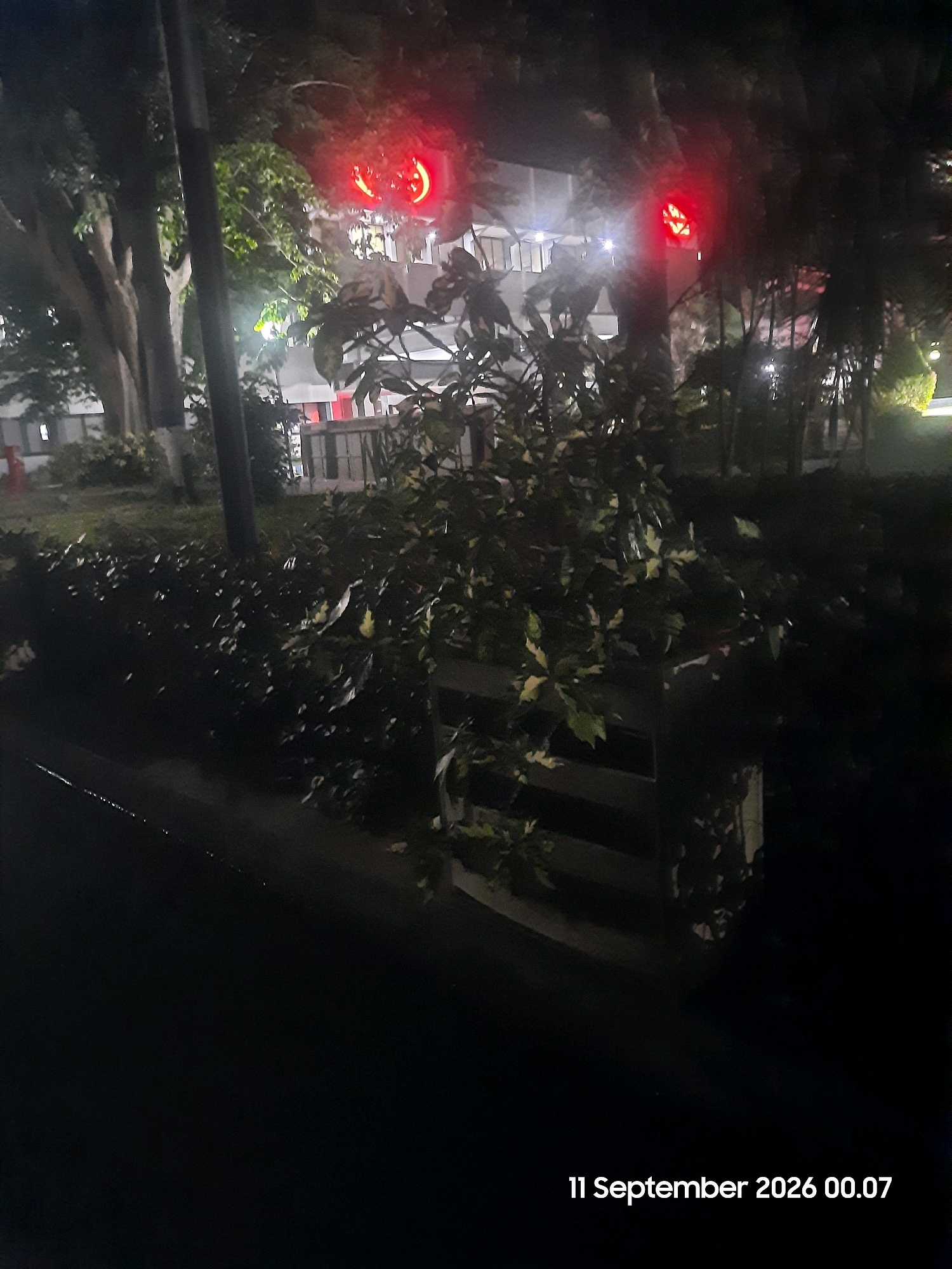 The image depicts an outdoor scene at night, likely in Gending, Indonesia, as indicated by the timestamp "11 September 2026 00.07". In the background, a building with illuminated windows is visible, suggesting it is an institutional or residential structure. In the foreground, there is dense foliage, possibly a hedge or bushes, and some trees with visible trunks. The scene is illuminated by artificial light sources, including red traffic lights or signal lights, which create a strong red glow. One red light is clearly visible towards the left of the frame, and another towards the right, both appearing to be mounted on poles or structures within the scene. The ground appears wet or reflective, indicating recent rain or damp conditions. The overall impression is a dimly lit, slightly blurred night scene in an urban or semi-urban environment. There are no people visible in the image.